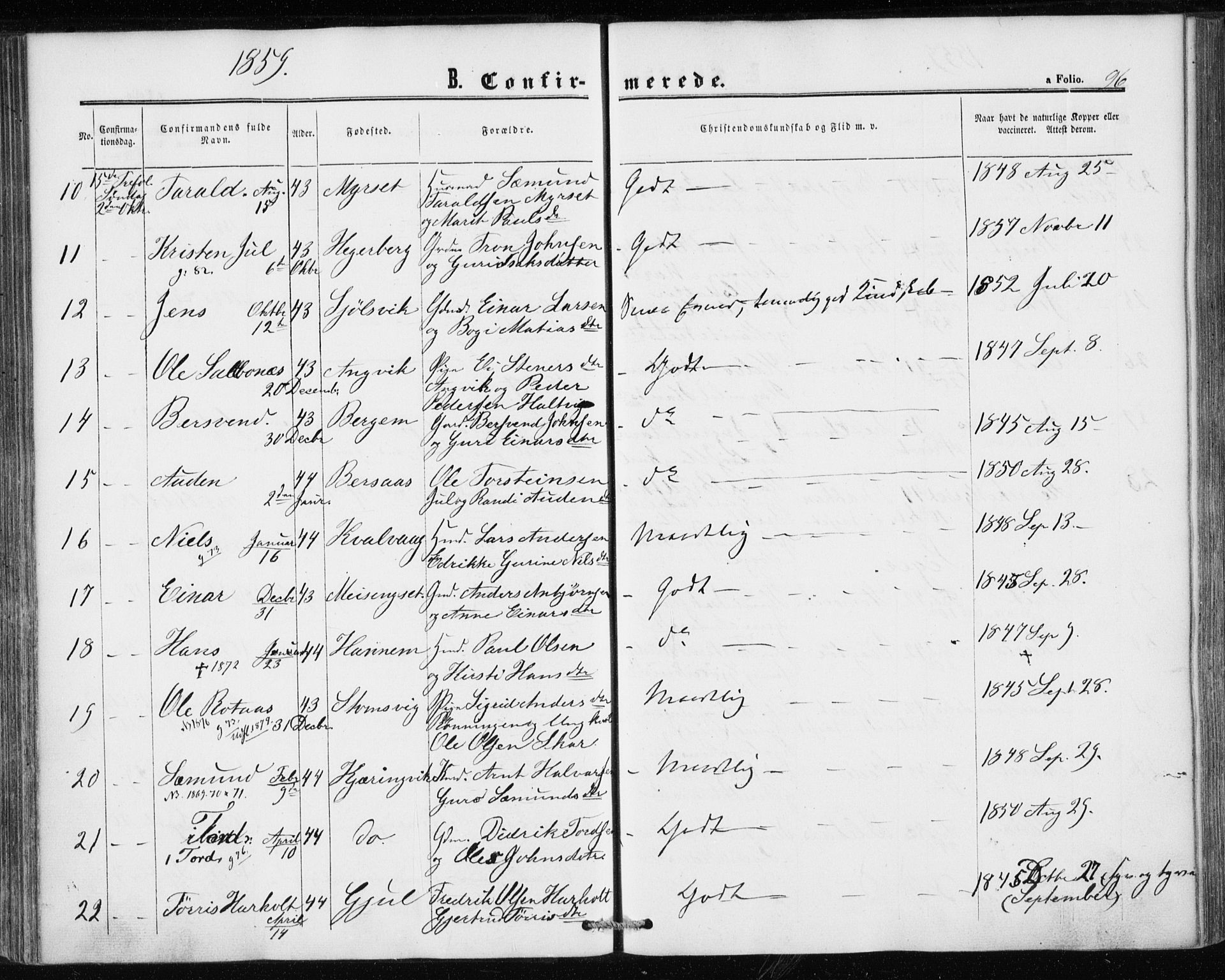 Ministerialprotokoller, klokkerbøker og fødselsregistre - Møre og Romsdal, AV/SAT-A-1454/586/L0985: Parish register (official) no. 586A11, 1857-1866, p. 96