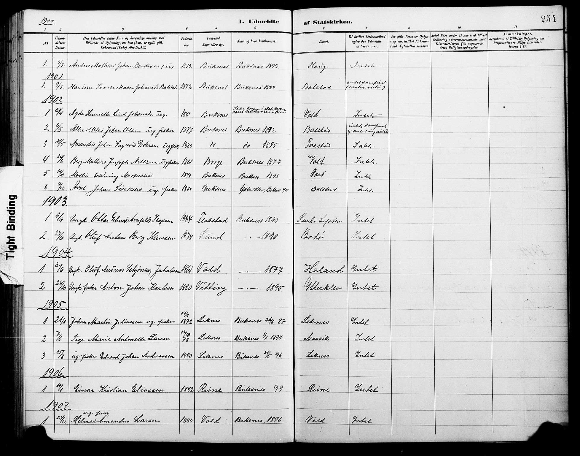 Ministerialprotokoller, klokkerbøker og fødselsregistre - Nordland, AV/SAT-A-1459/881/L1168: Parish register (copy) no. 881C05, 1900-1911, p. 254