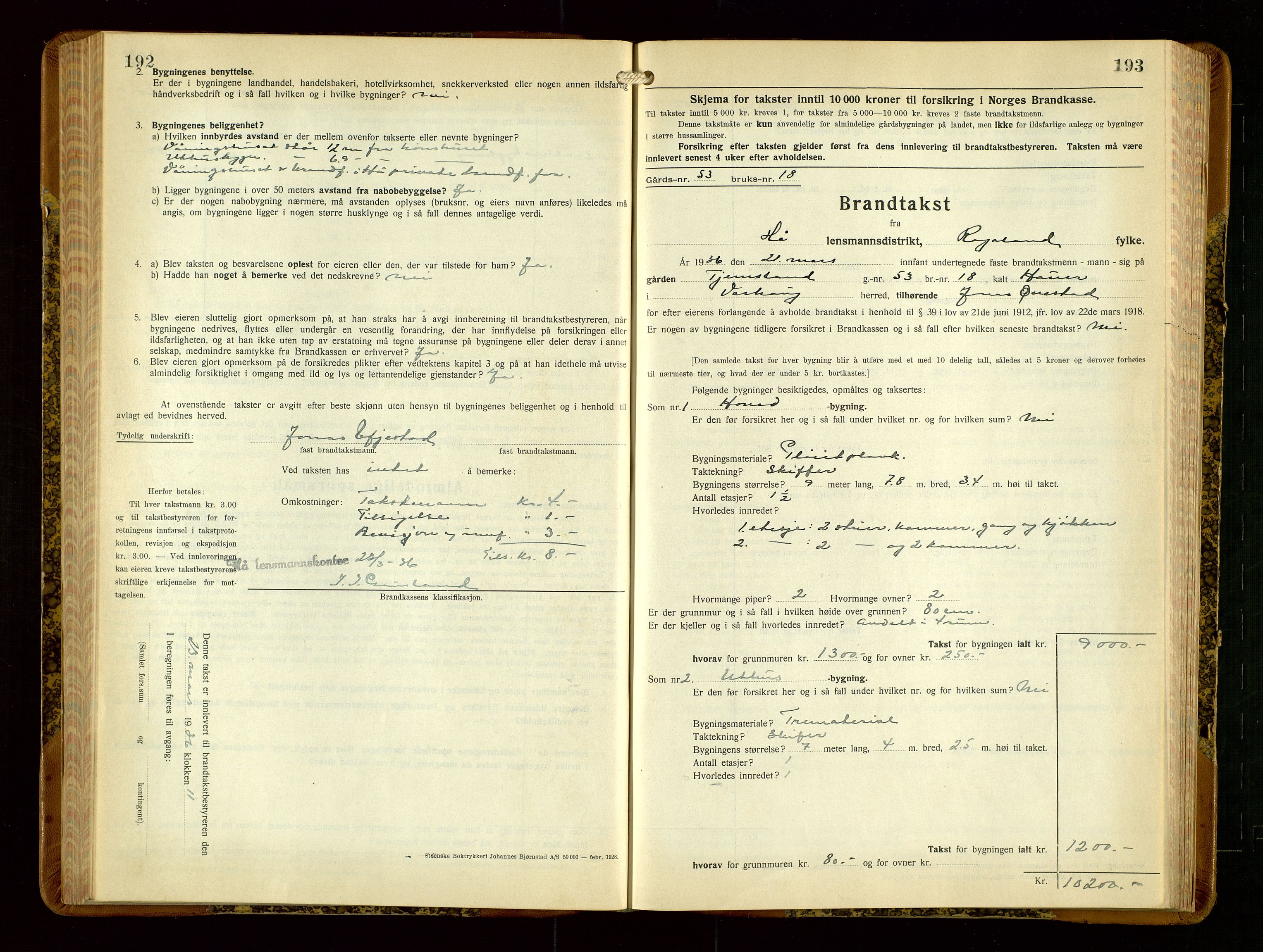 Hå lensmannskontor, AV/SAST-A-100456/Goa/L0006: Takstprotokoll (skjema), 1932-1938, p. 192-193