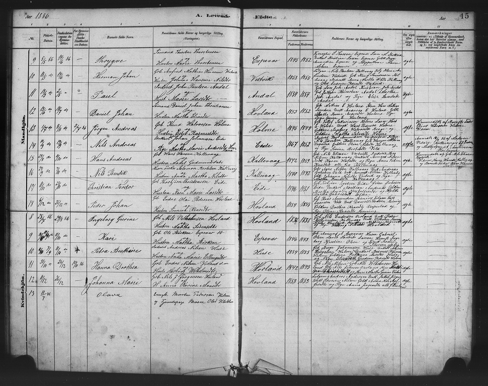 Finnås sokneprestembete, SAB/A-99925/H/Ha/Haa/Haad/L0001: Parish register (official) no. D 1, 1880-1894, p. 15