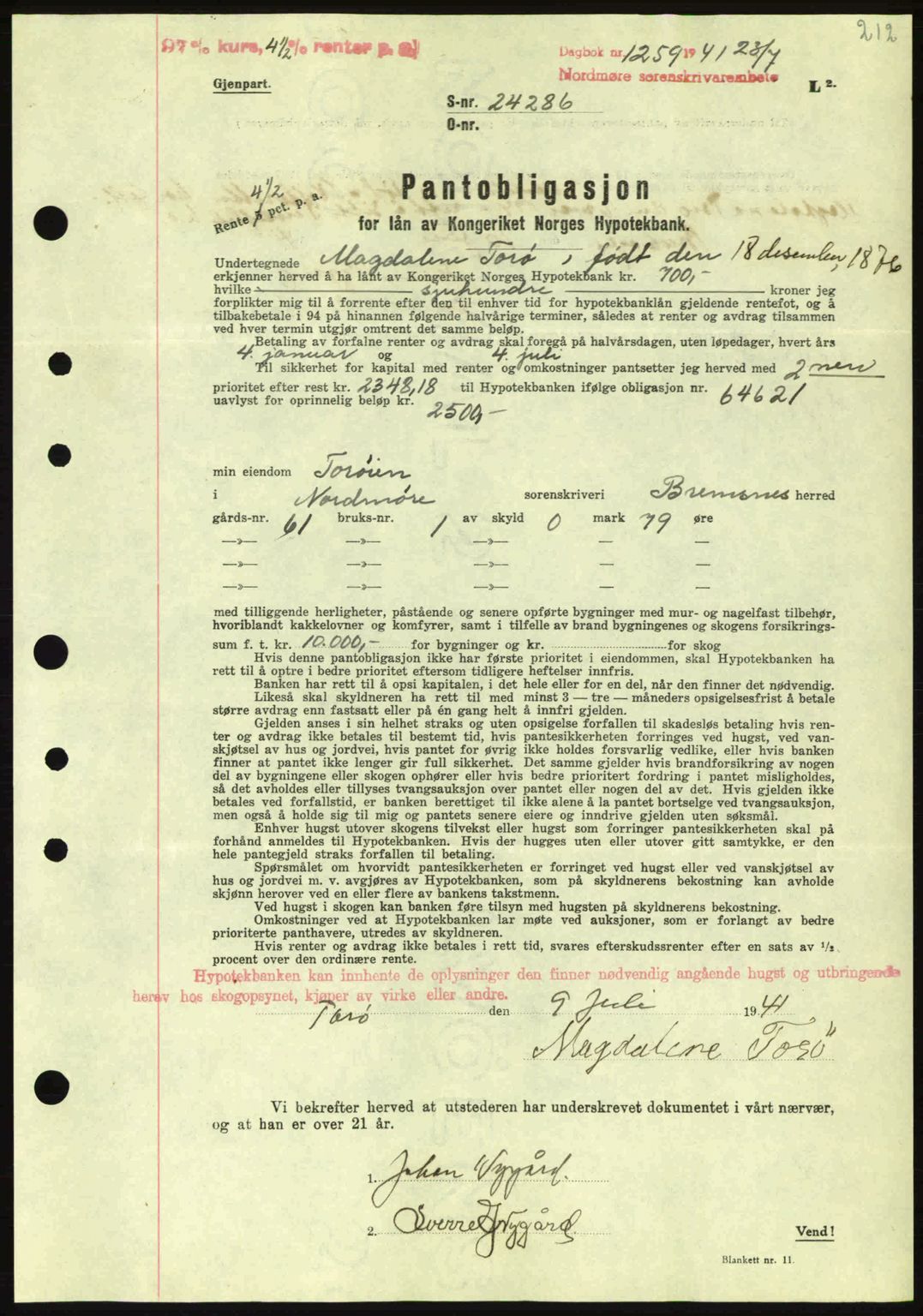 Nordmøre sorenskriveri, AV/SAT-A-4132/1/2/2Ca: Mortgage book no. B88, 1941-1942, Diary no: : 1259/1941