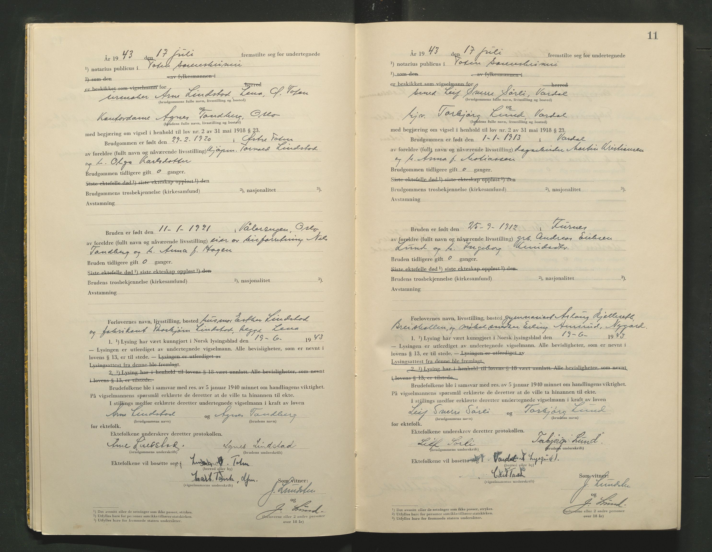 Toten tingrett, AV/SAH-TING-006/L/Lc/L0003: Vigselbok, 1943-1944, p. 11