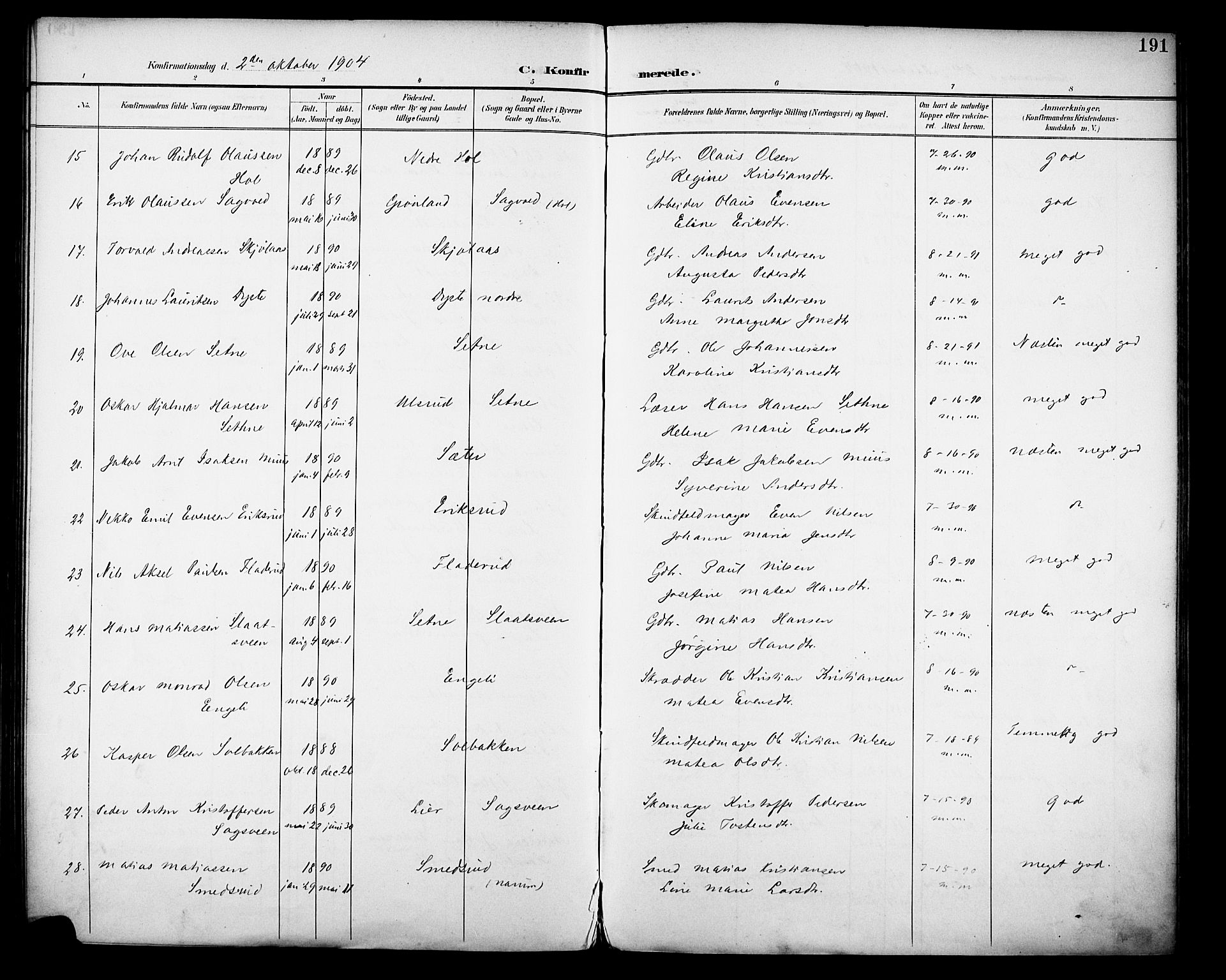 Vestre Toten prestekontor, SAH/PREST-108/H/Ha/Haa/L0013: Parish register (official) no. 13, 1895-1911, p. 191