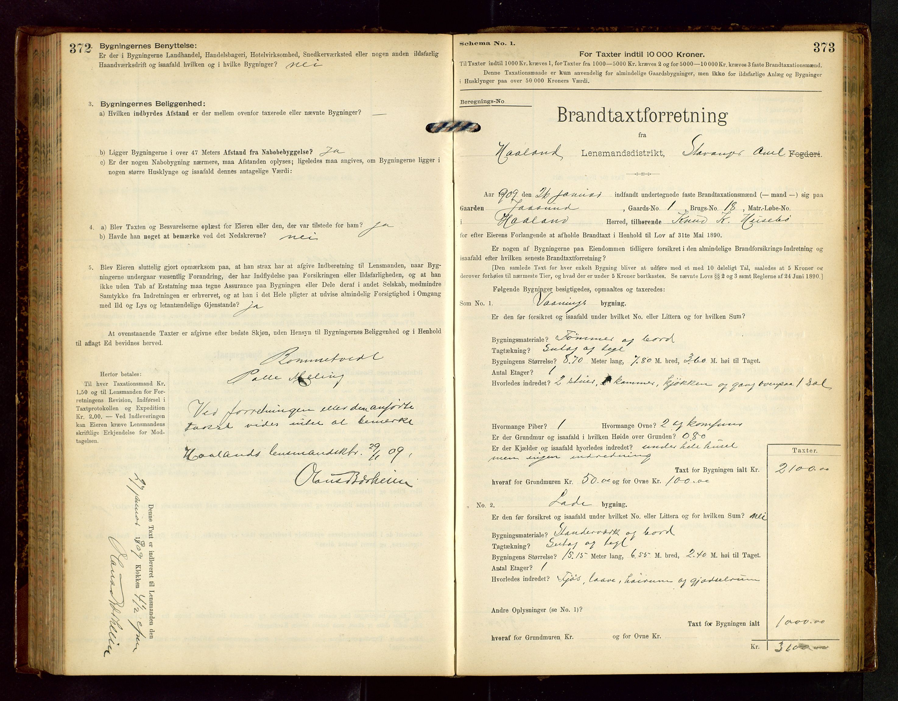 Håland lensmannskontor, AV/SAST-A-100100/Gob/L0002: Branntakstprotokoll - skjematakst. Register i boken., 1902-1906, p. 372-373