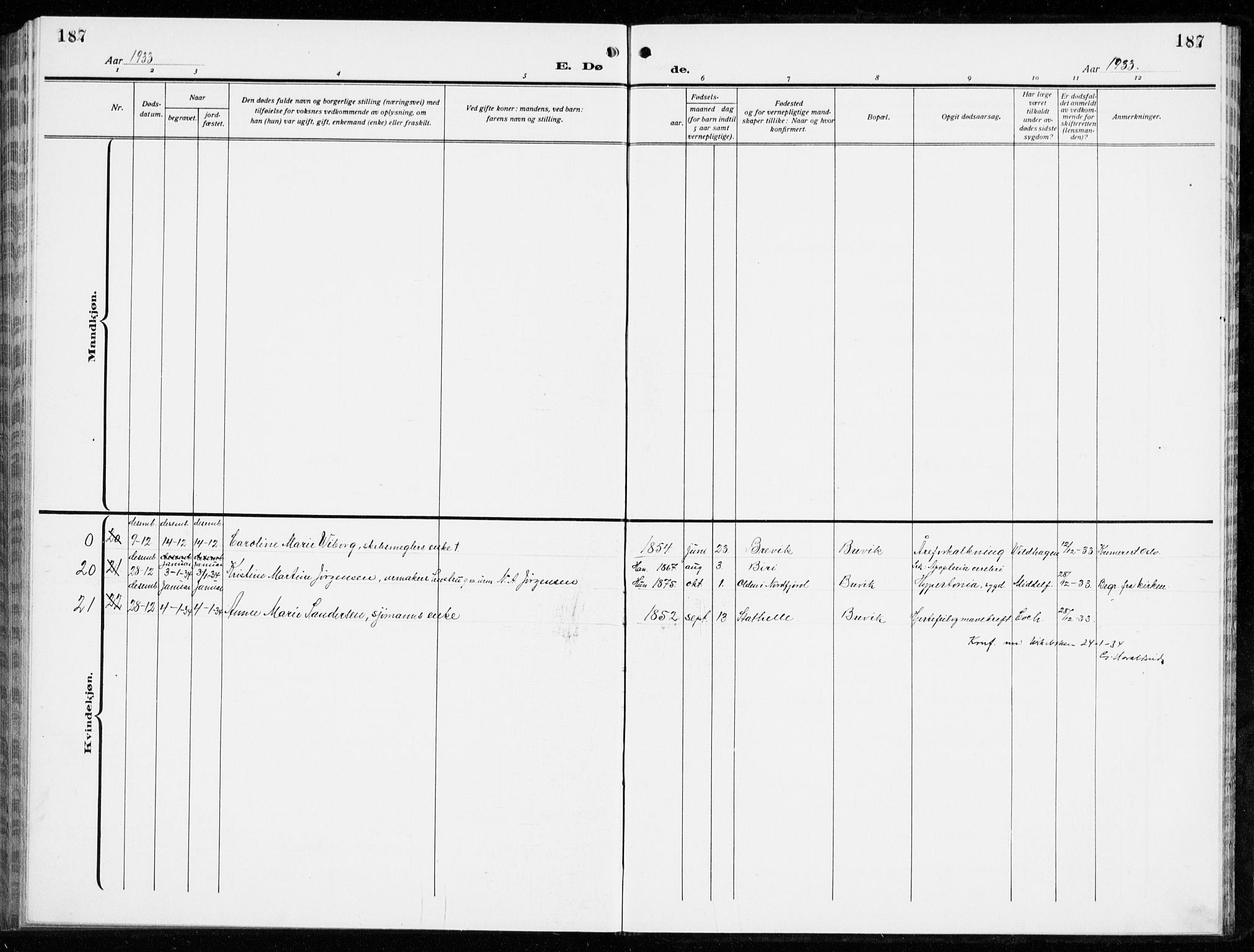 Brevik kirkebøker, SAKO/A-255/G/Ga/L0006: Parish register (copy) no. 6, 1922-1940, p. 187