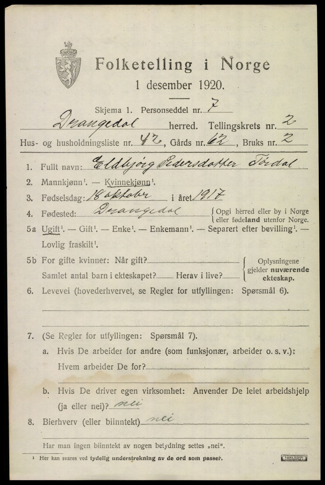 SAKO, 1920 census for Drangedal, 1920, p. 2563