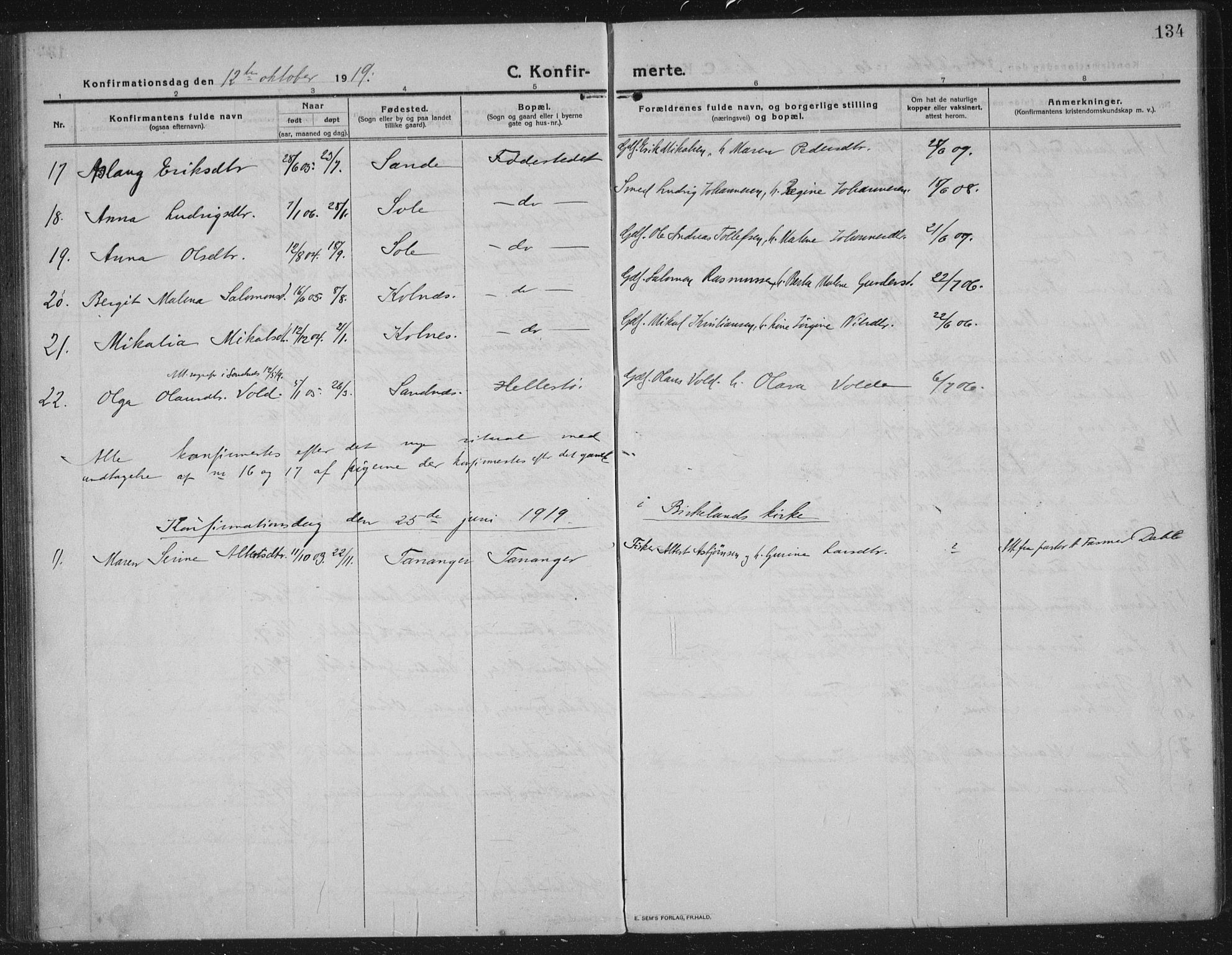 Håland sokneprestkontor, SAST/A-101802/002/C/L0001: Parish register (official) no. A 14, 1913-1927, p. 134