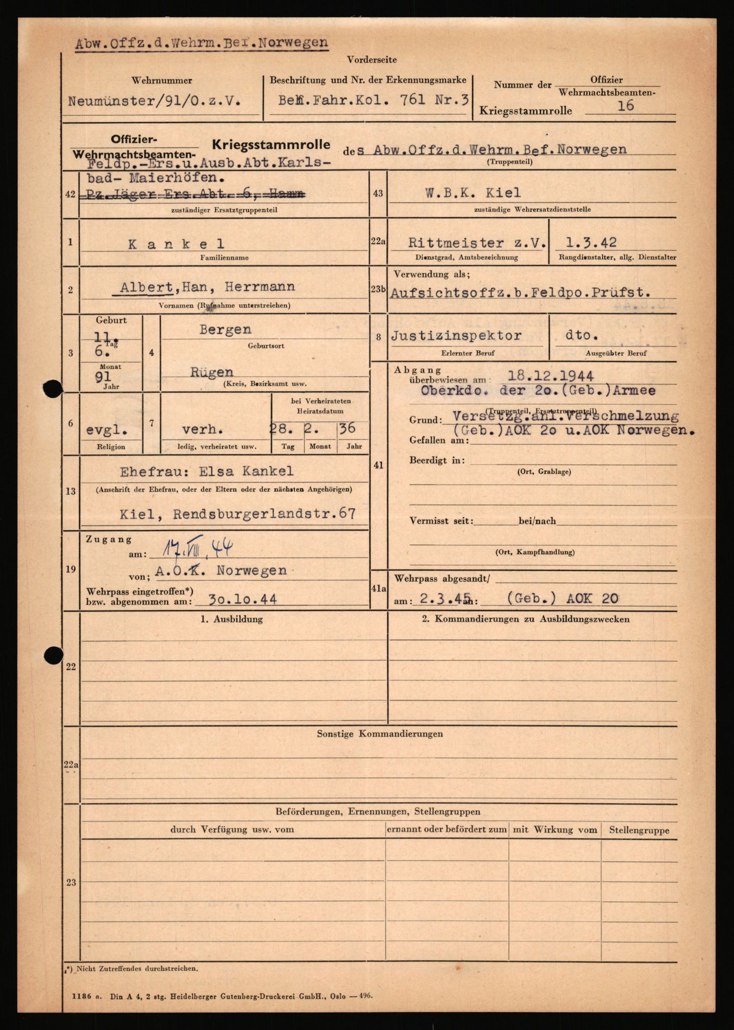 Forsvarets Overkommando. 2 kontor. Arkiv 11.4. Spredte tyske arkivsaker, AV/RA-RAFA-7031/D/Dar/Dara/L0018: Personalbøker, 1940-1945, p. 851