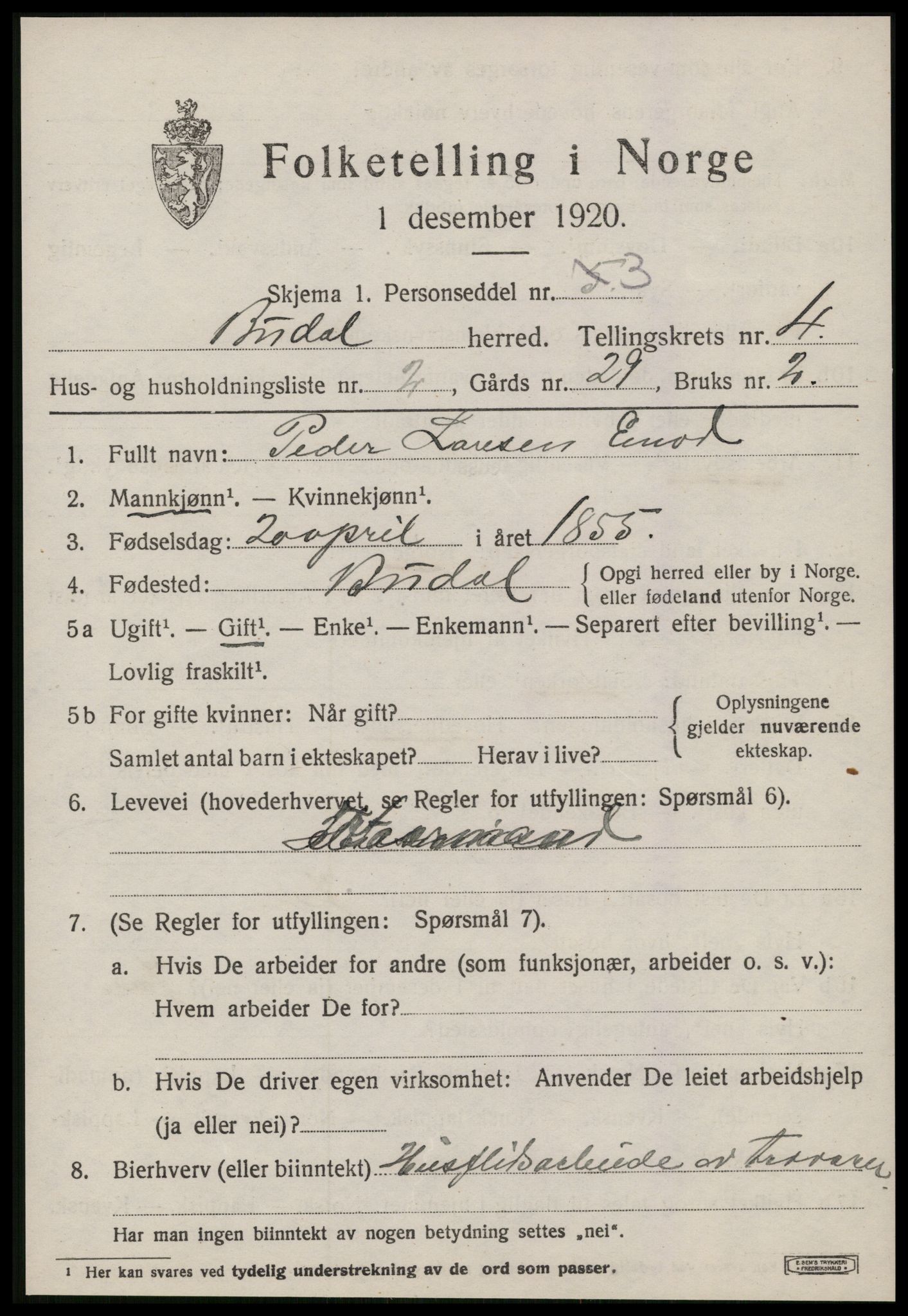 SAT, 1920 census for Budal, 1920, p. 1074