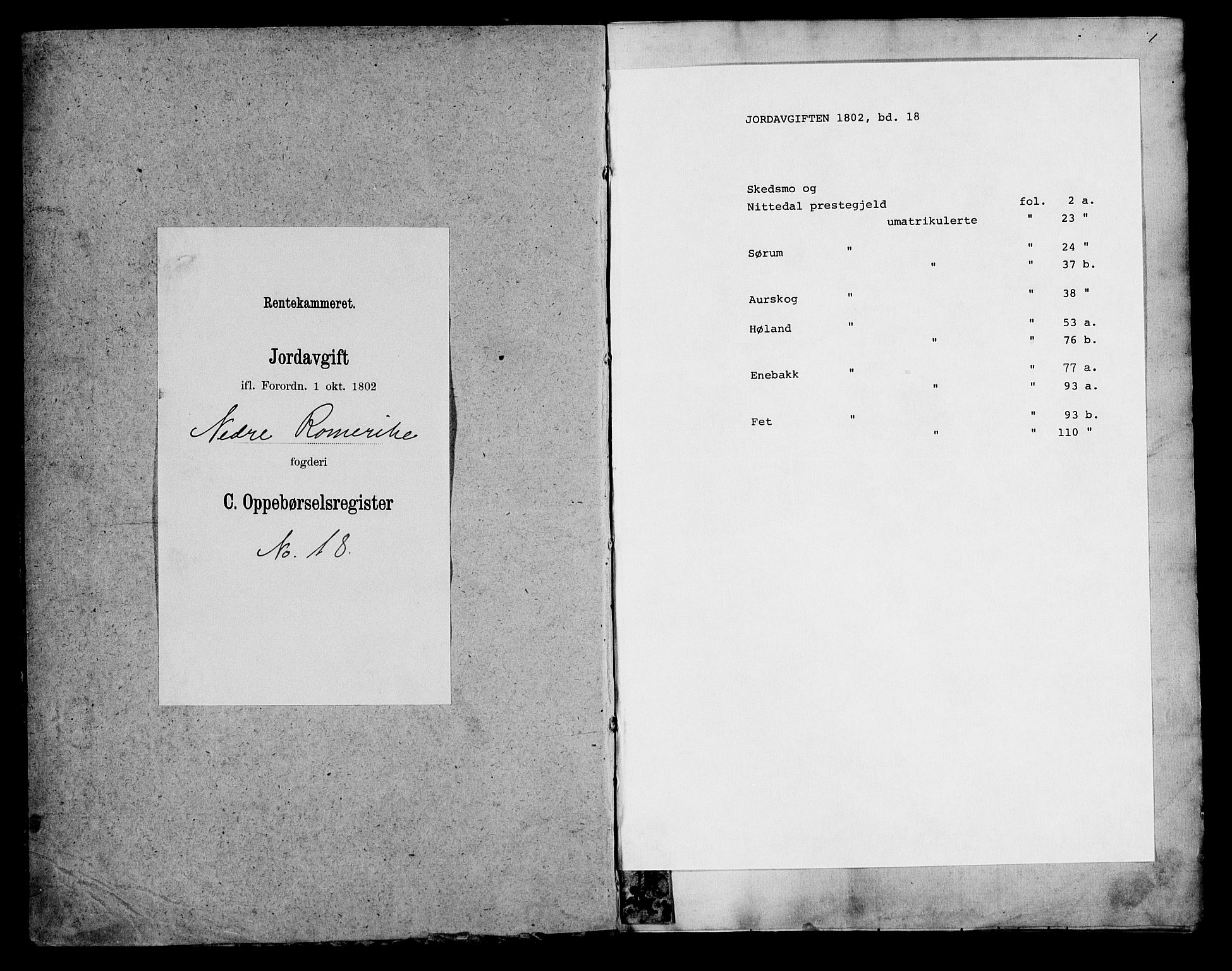 Rentekammeret inntil 1814, Realistisk ordnet avdeling, AV/RA-EA-4070/N/Ne/Nea/L0018: Nedre Romerike fogderi. Oppebørselsregister, 1803-1804, p. 1