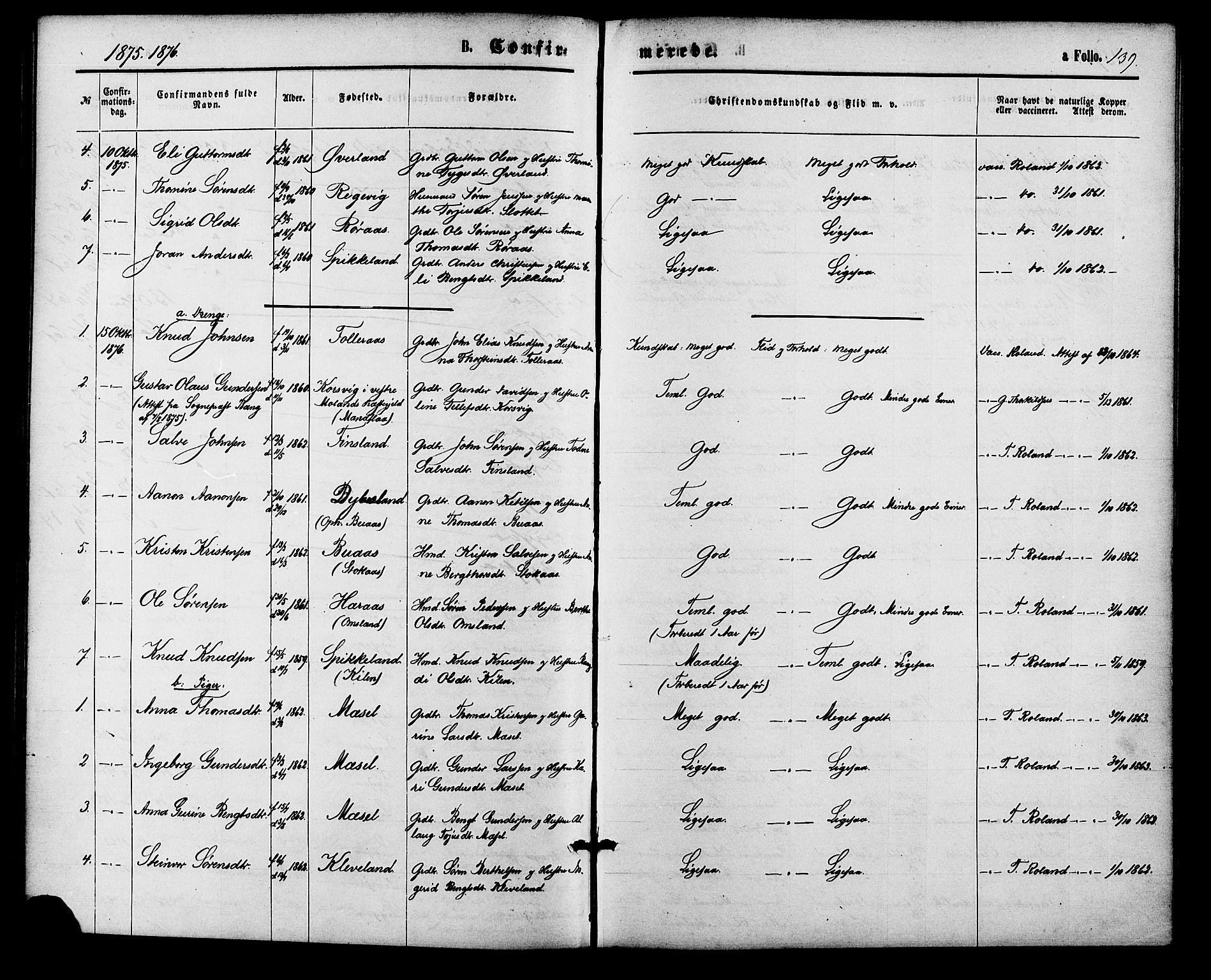 Bjelland sokneprestkontor, SAK/1111-0005/F/Fa/Fab/L0003: Parish register (official) no. A 3, 1870-1887, p. 139