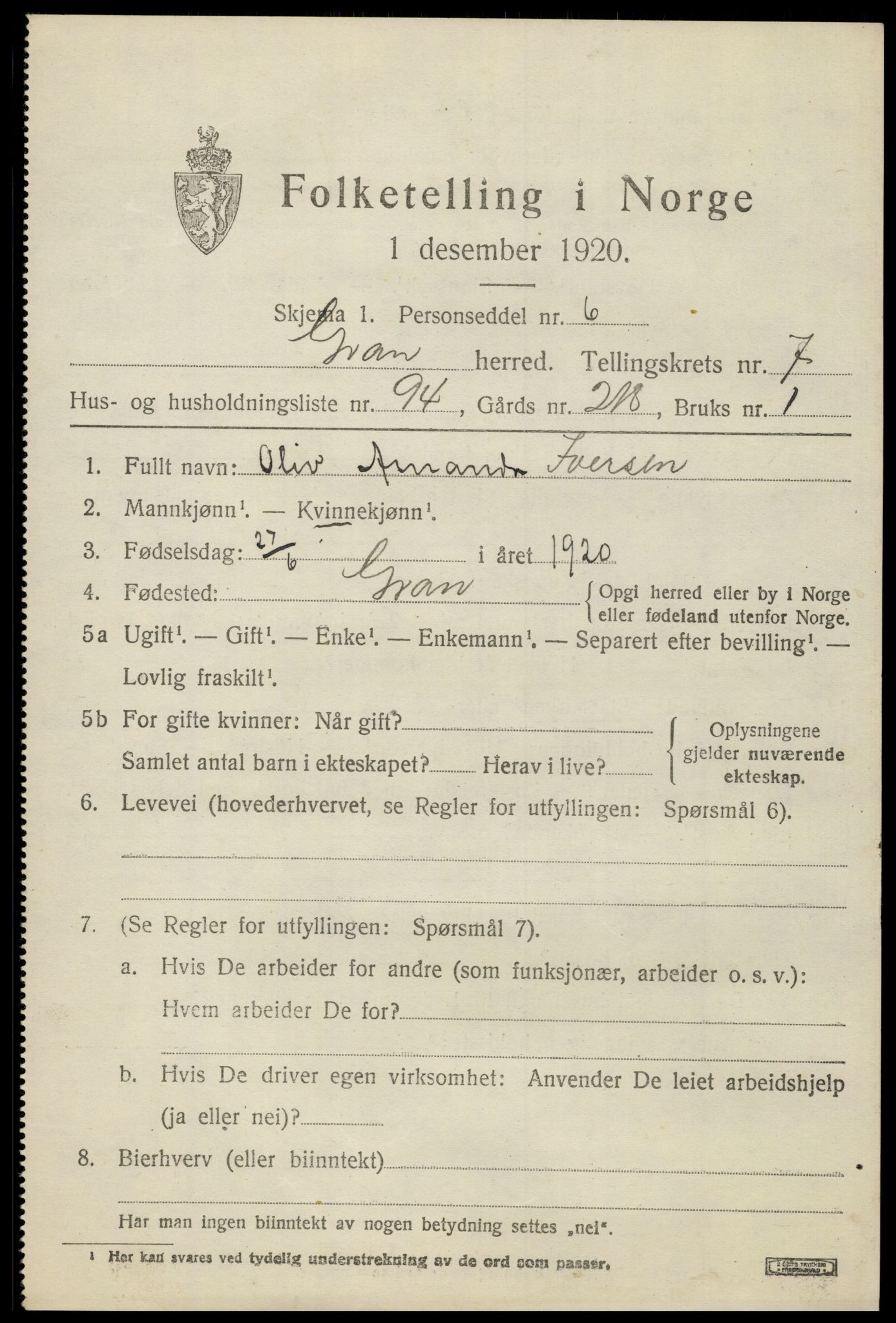 SAH, 1920 census for Gran, 1920, p. 10478