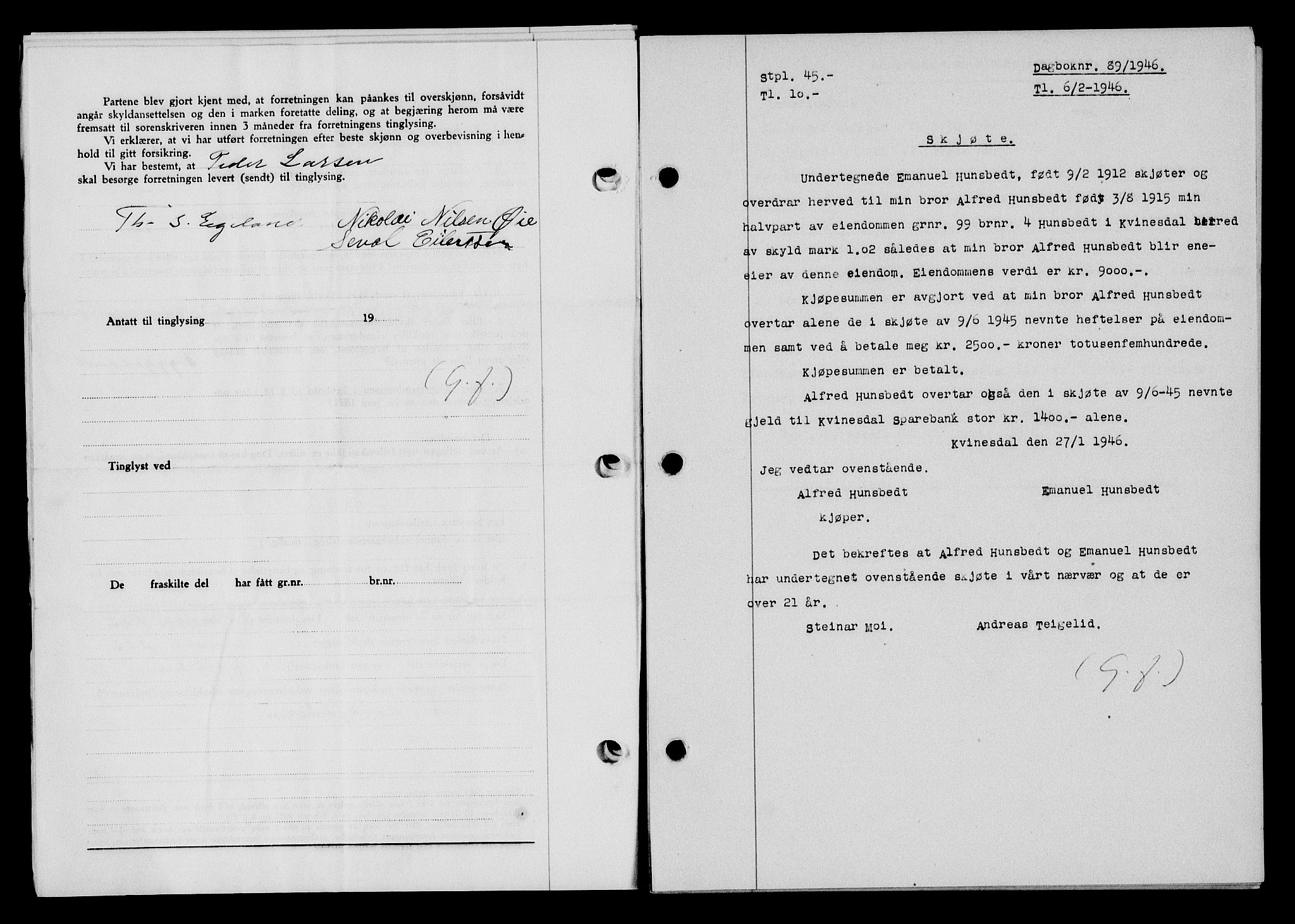 Flekkefjord sorenskriveri, AV/SAK-1221-0001/G/Gb/Gba/L0060: Mortgage book no. A-8, 1945-1946, Diary no: : 89/1946