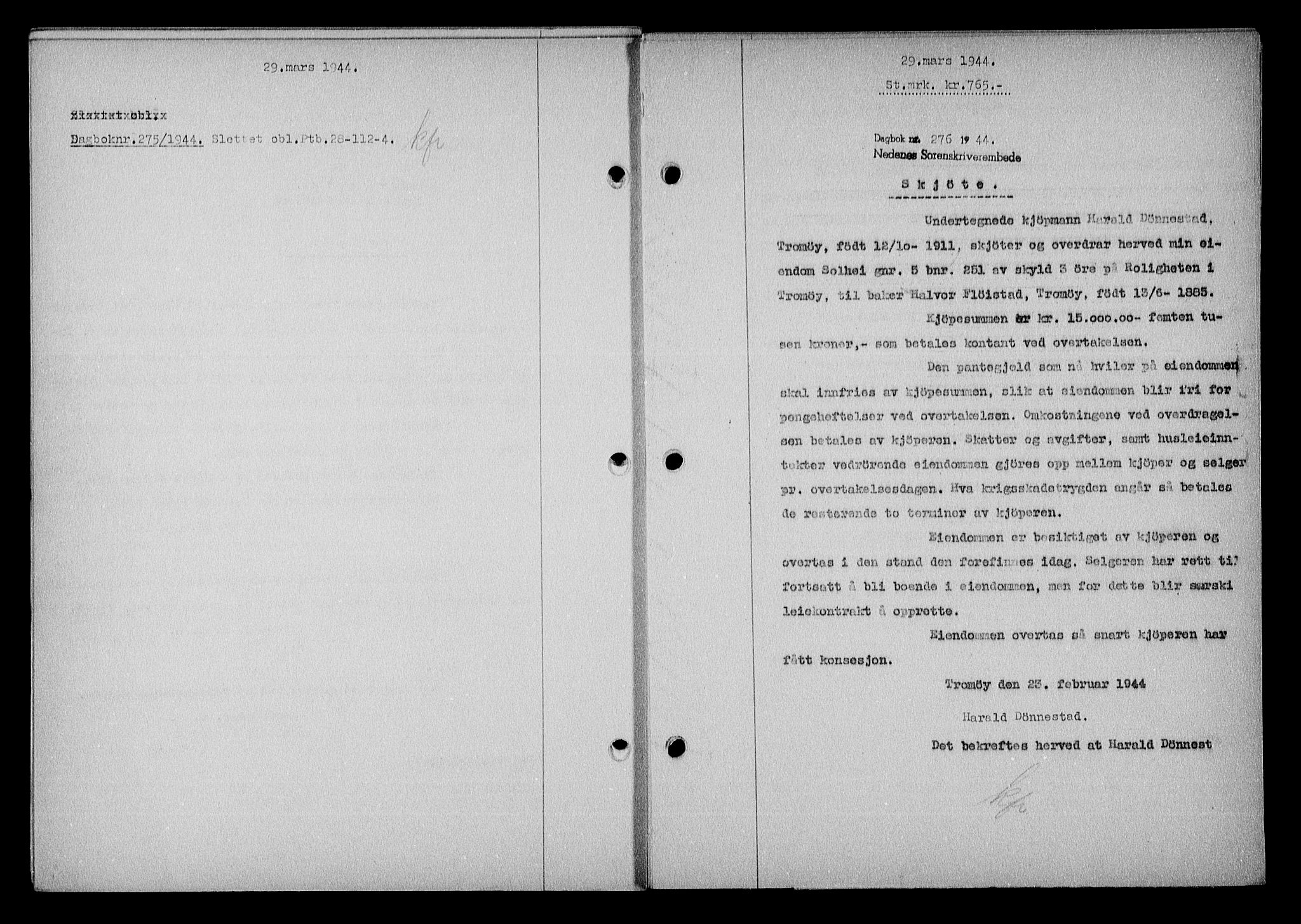 Nedenes sorenskriveri, SAK/1221-0006/G/Gb/Gba/L0051: Mortgage book no. A-V, 1943-1944, Diary no: : 276/1944