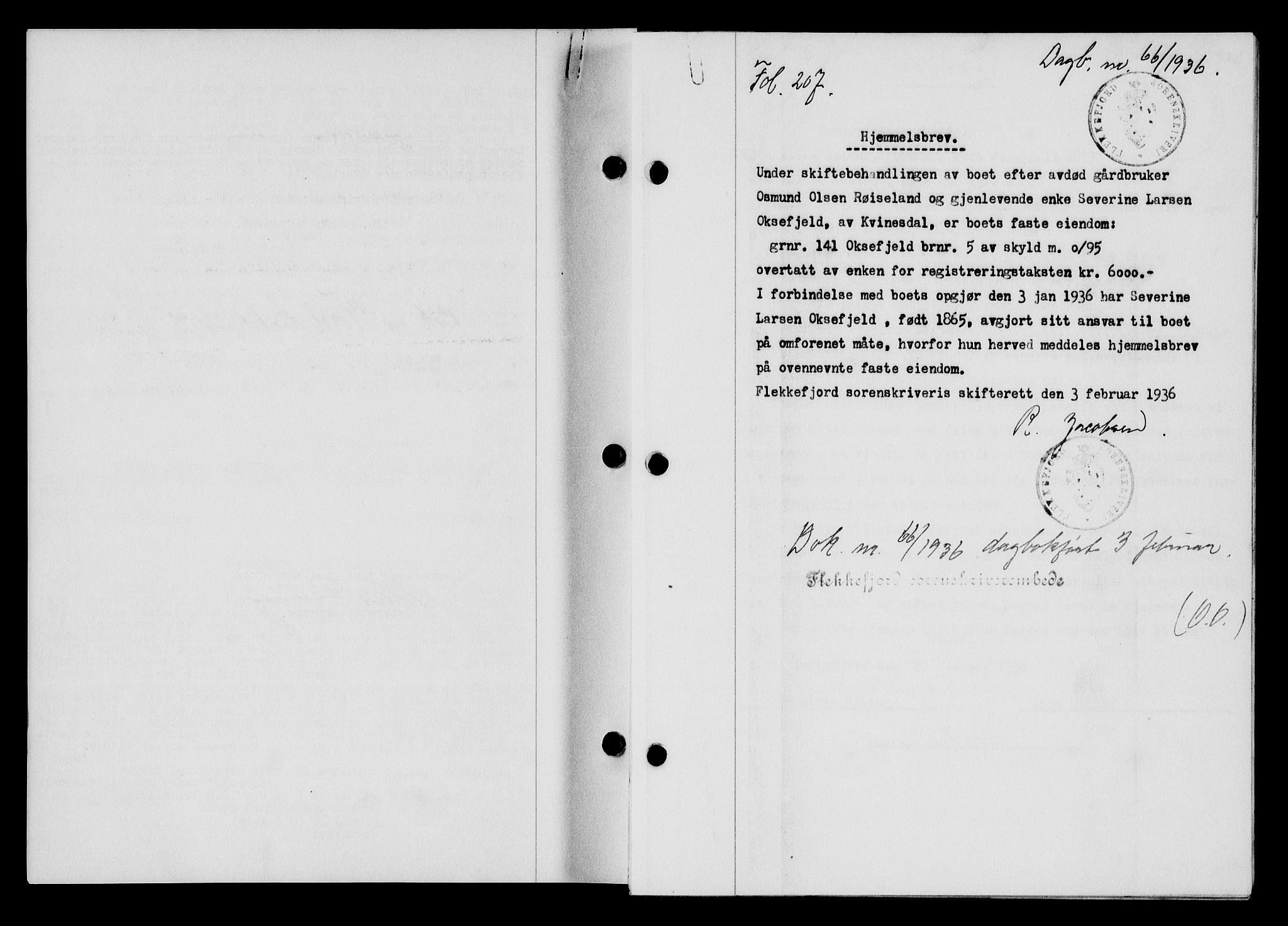 Flekkefjord sorenskriveri, SAK/1221-0001/G/Gb/Gba/L0052: Mortgage book no. 48, 1935-1936, Deed date: 03.02.1936