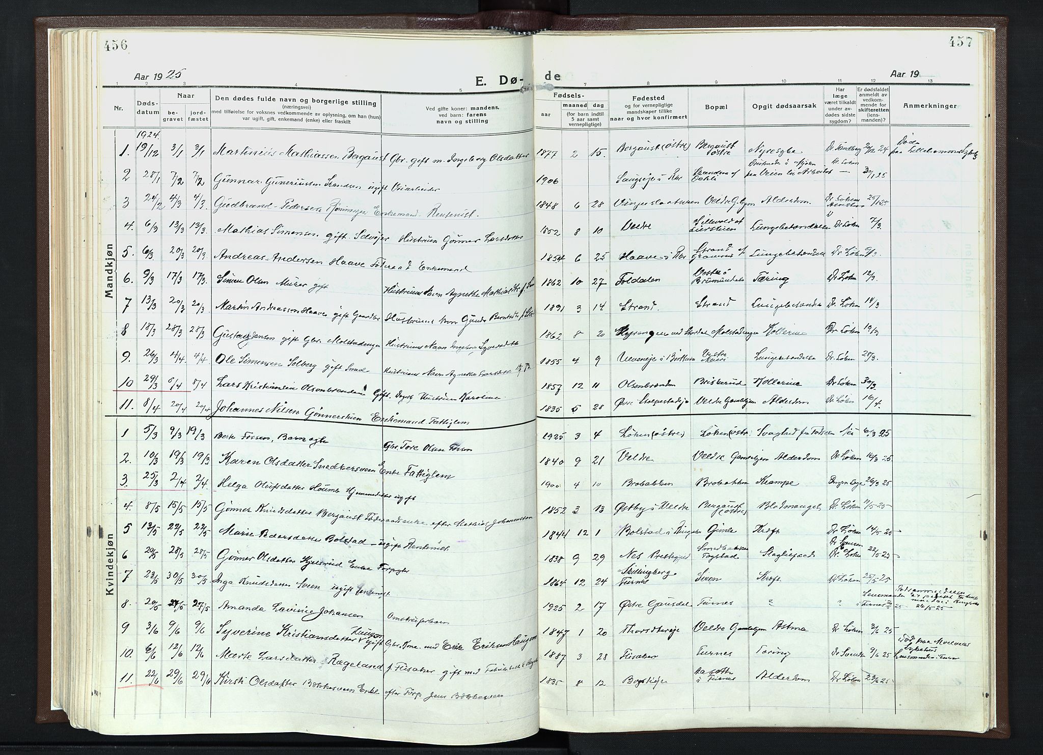 Veldre prestekontor, AV/SAH-PREST-018/K/Ka/L0001: Parish register (official) no. 1, 1921-1934, p. 456-457