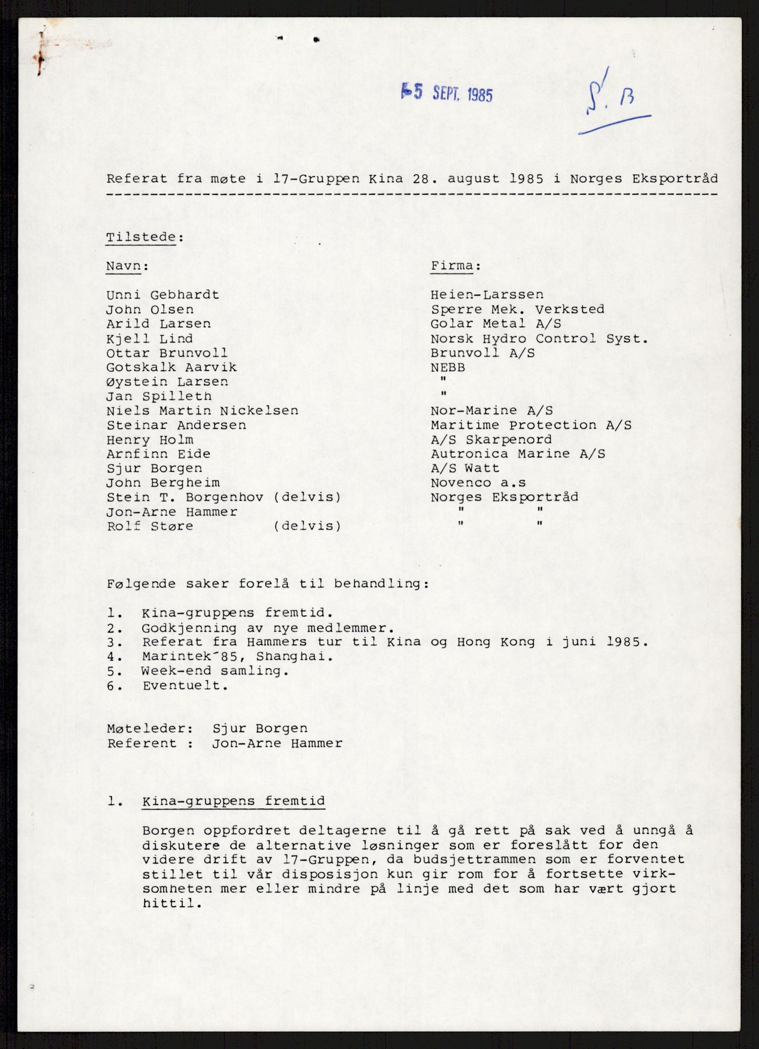 "17-Gruppen Kina", AV/RA-PA-1688/A/L0001: Møtereferater, 1979-1986, p. 221