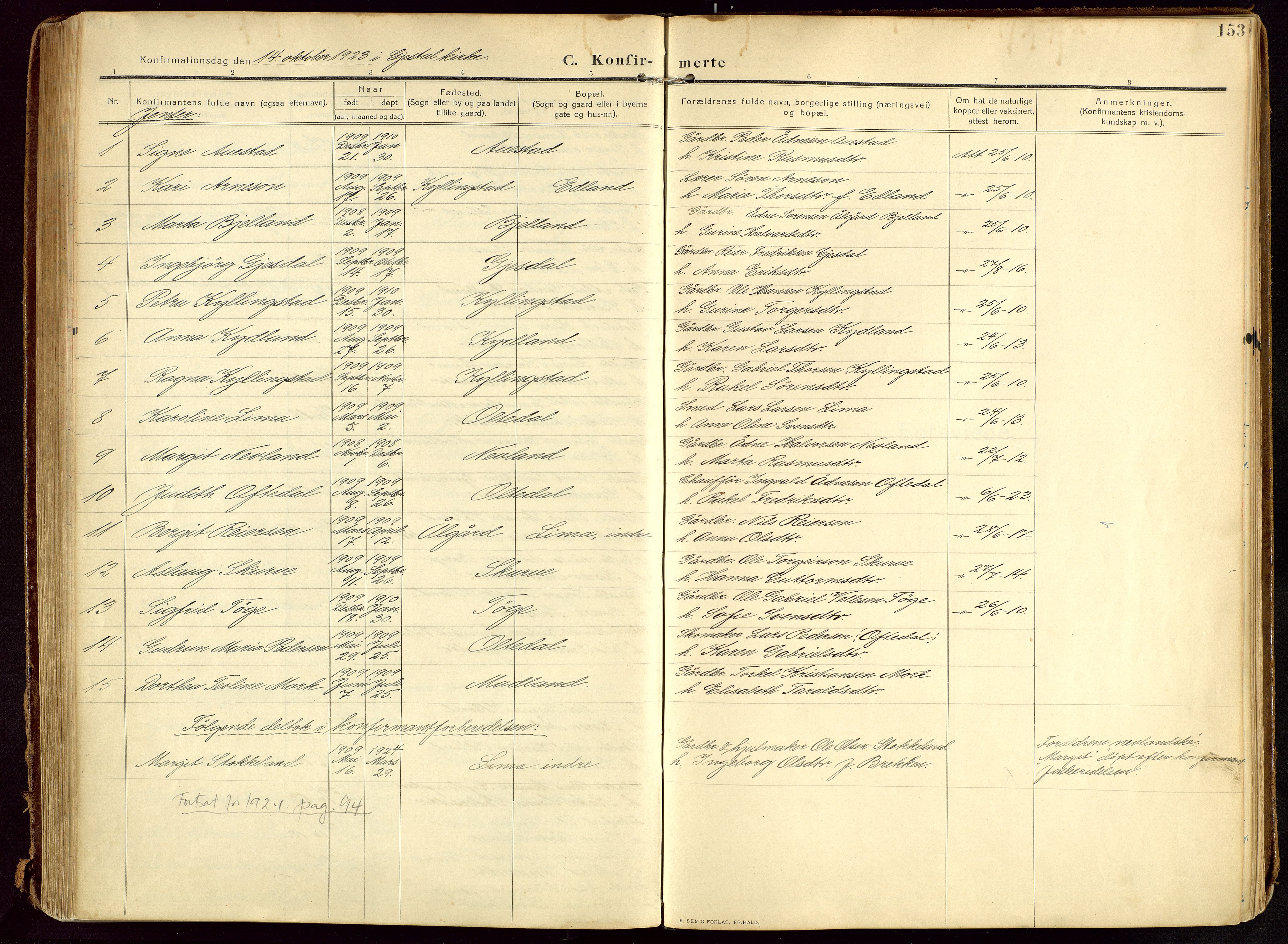 Lye sokneprestkontor, AV/SAST-A-101794/002/B/L0001: Parish register (official) no. A 13, 1910-1925, p. 153