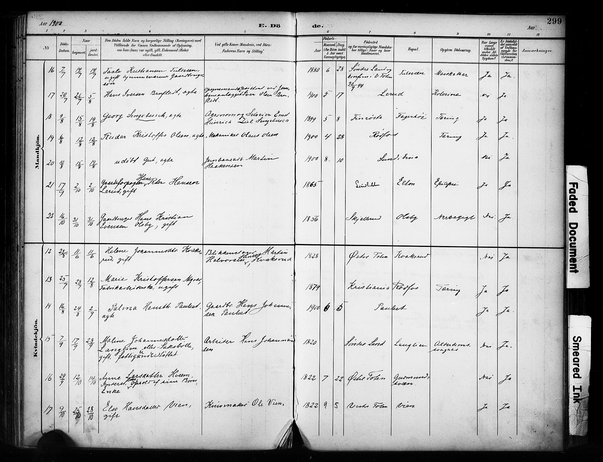 Vestre Toten prestekontor, AV/SAH-PREST-108/H/Ha/Haa/L0011: Parish register (official) no. 11, 1895-1906, p. 299