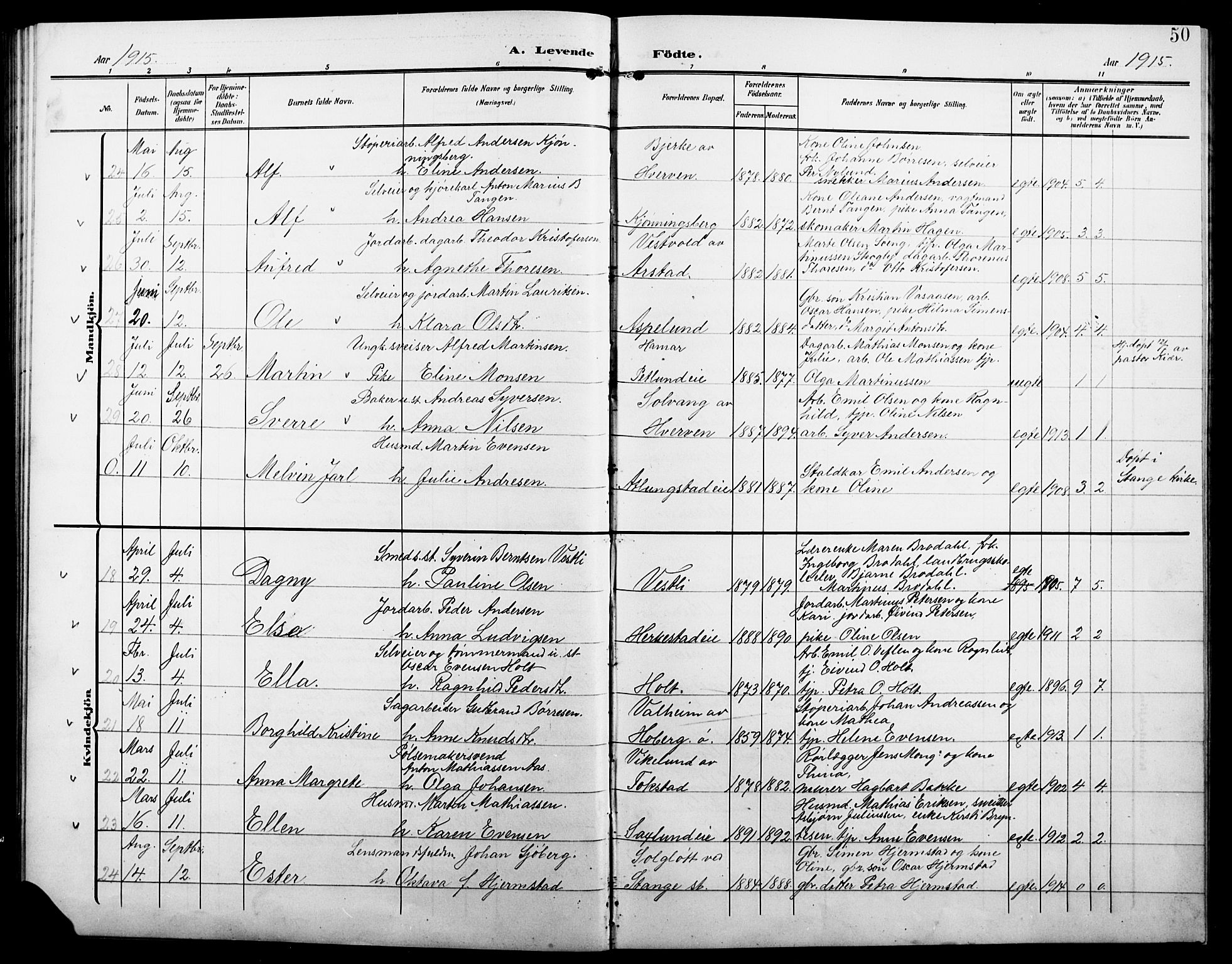 Stange prestekontor, SAH/PREST-002/L/L0013: Parish register (copy) no. 13, 1906-1915, p. 50