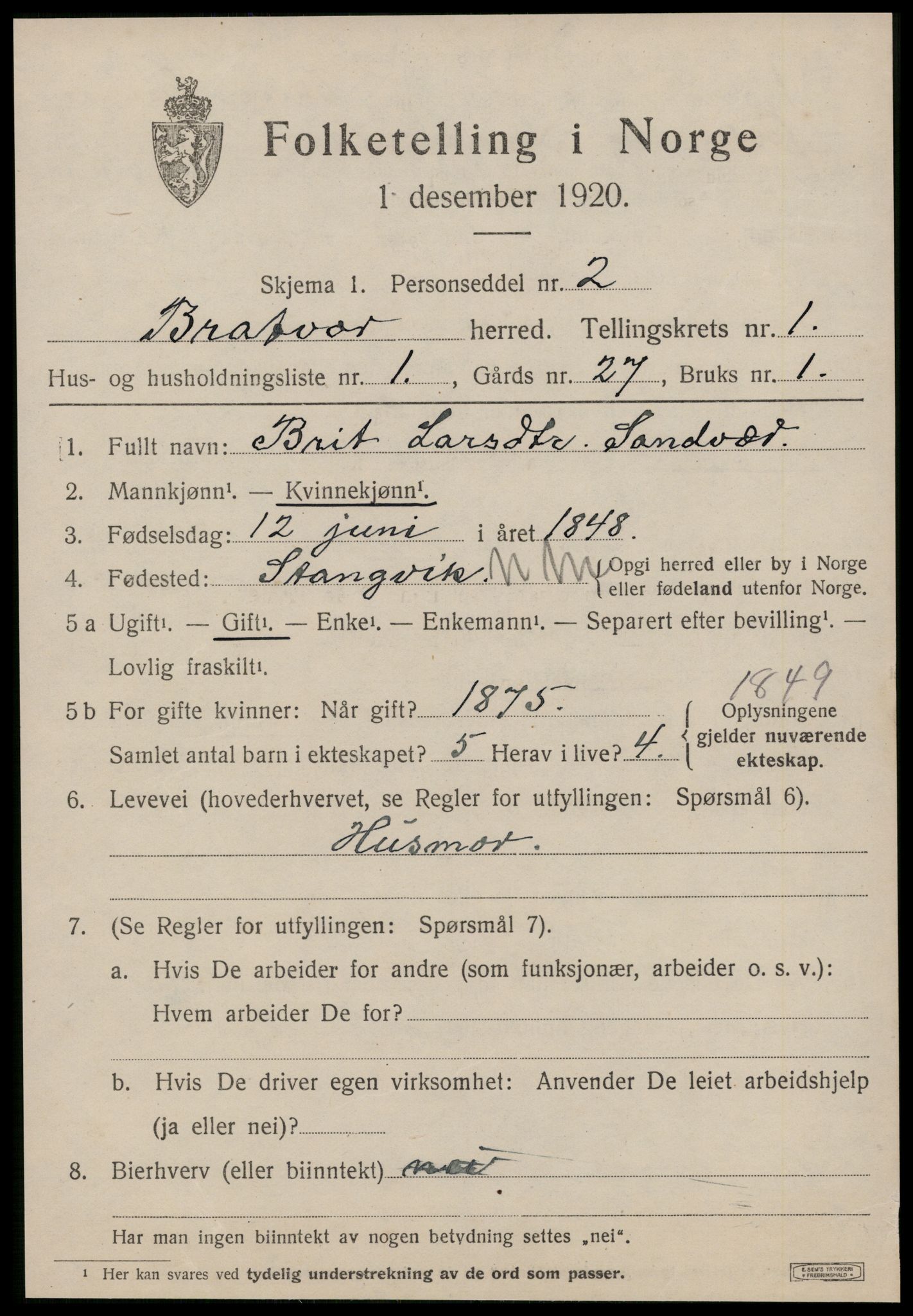 SAT, 1920 census for Brattvær, 1920, p. 498