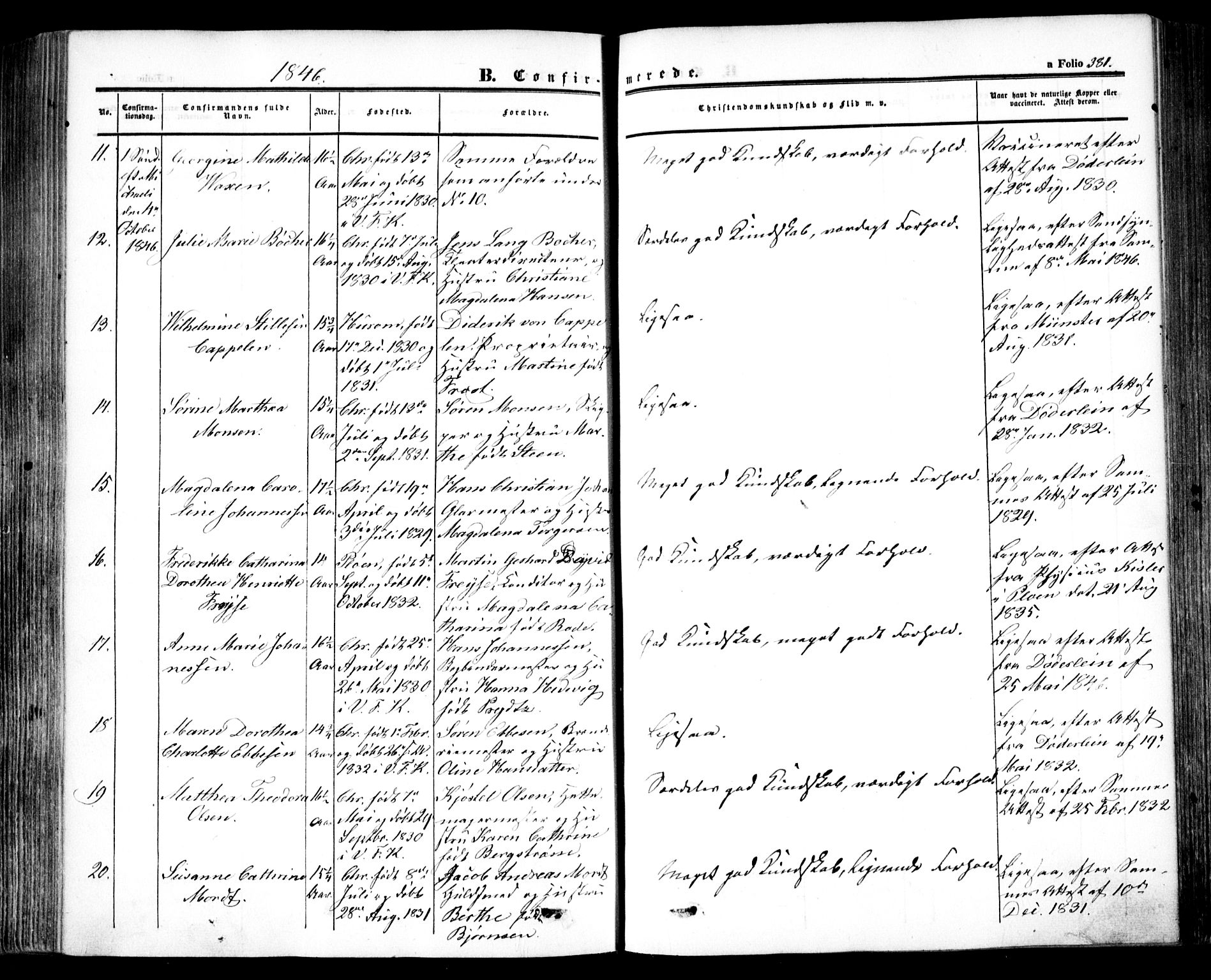 Oslo domkirke Kirkebøker, AV/SAO-A-10752/F/Fa/L0013: Parish register (official) no. 13, 1844-1864, p. 381