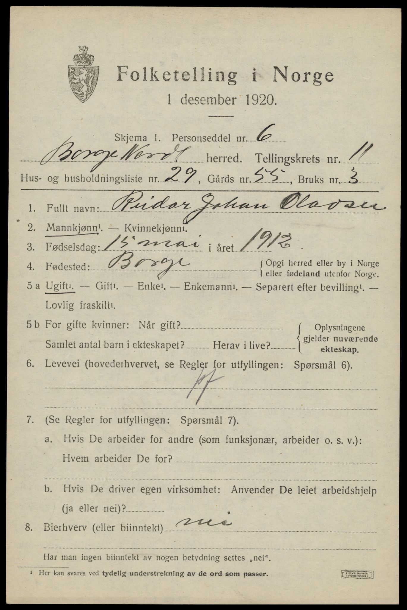 SAT, 1920 census for Borge, 1920, p. 9803