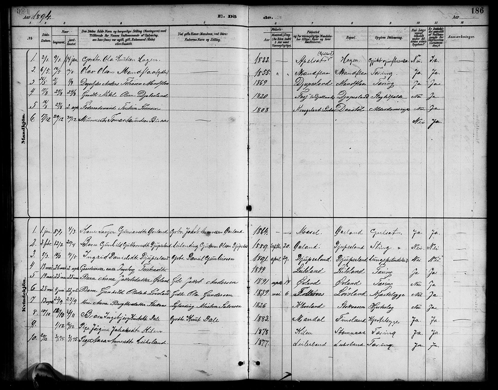 Bjelland sokneprestkontor, SAK/1111-0005/F/Fb/Fbb/L0005: Parish register (copy) no. B 5, 1887-1918, p. 186