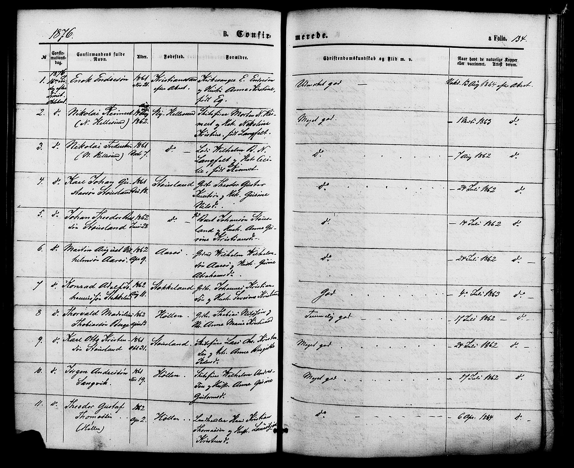 Søgne sokneprestkontor, SAK/1111-0037/F/Fa/Fab/L0011: Parish register (official) no. A 11, 1869-1879, p. 134