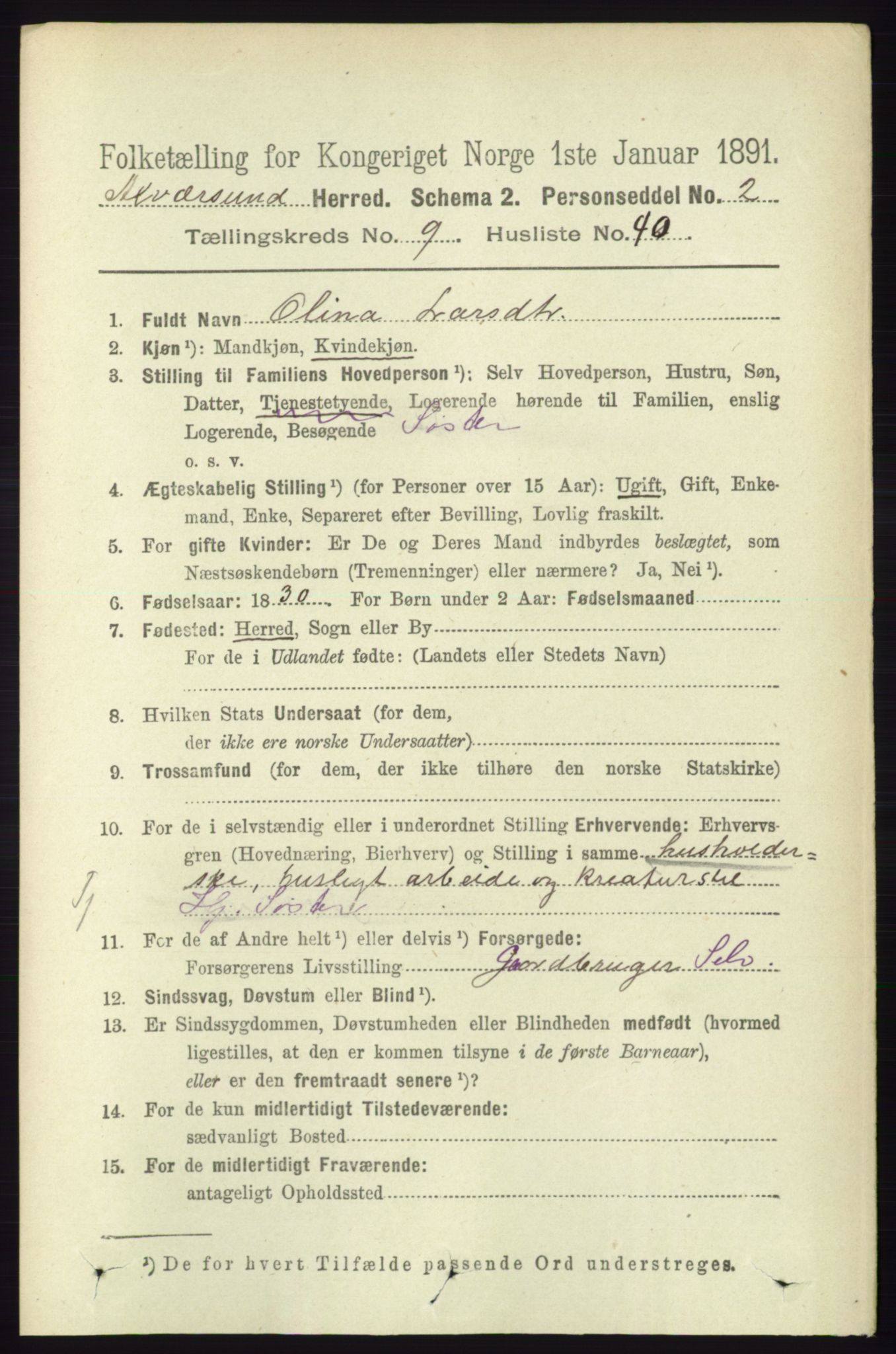 RA, 1891 census for 1257 Alversund, 1891, p. 3364