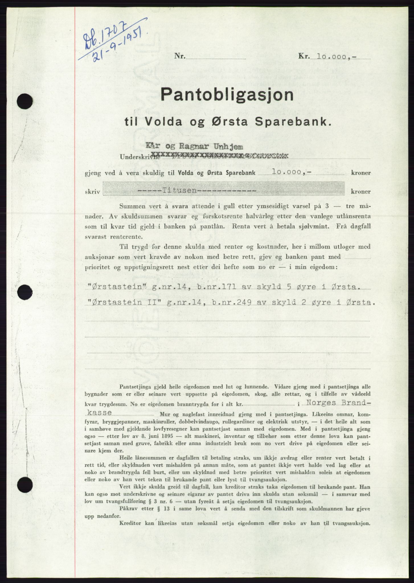 Søre Sunnmøre sorenskriveri, AV/SAT-A-4122/1/2/2C/L0120: Mortgage book no. 8B, 1951-1951, Diary no: : 1707/1951