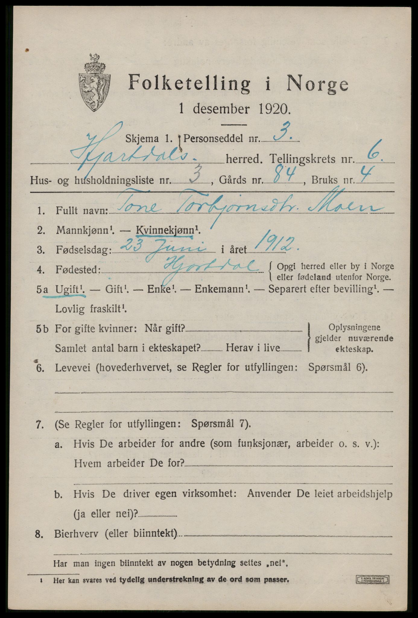 SAKO, 1920 census for Hjartdal, 1920, p. 4042