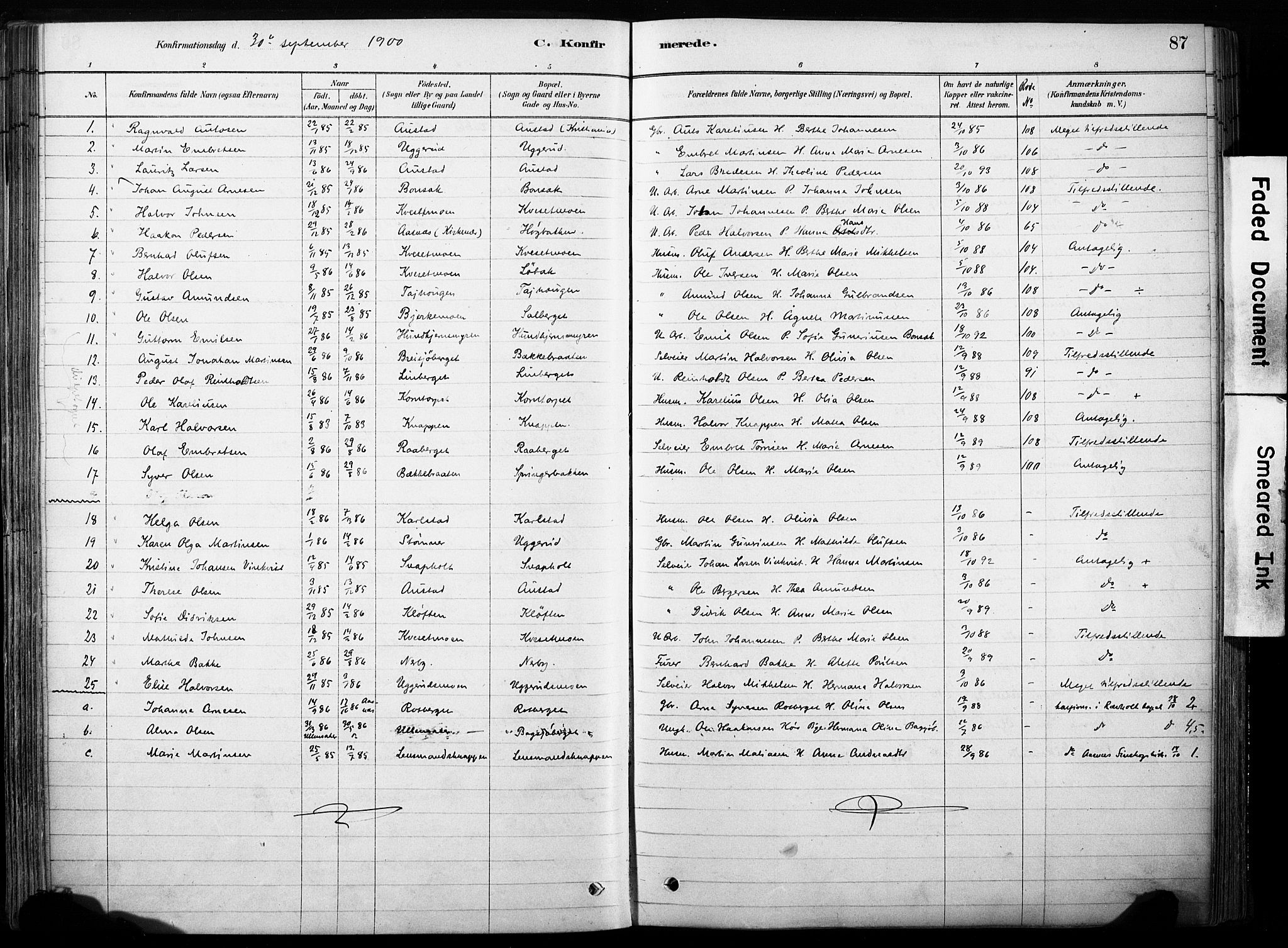 Hof prestekontor, SAH/PREST-038/H/Ha/Haa/L0011: Parish register (official) no. 11, 1879-1911, p. 87