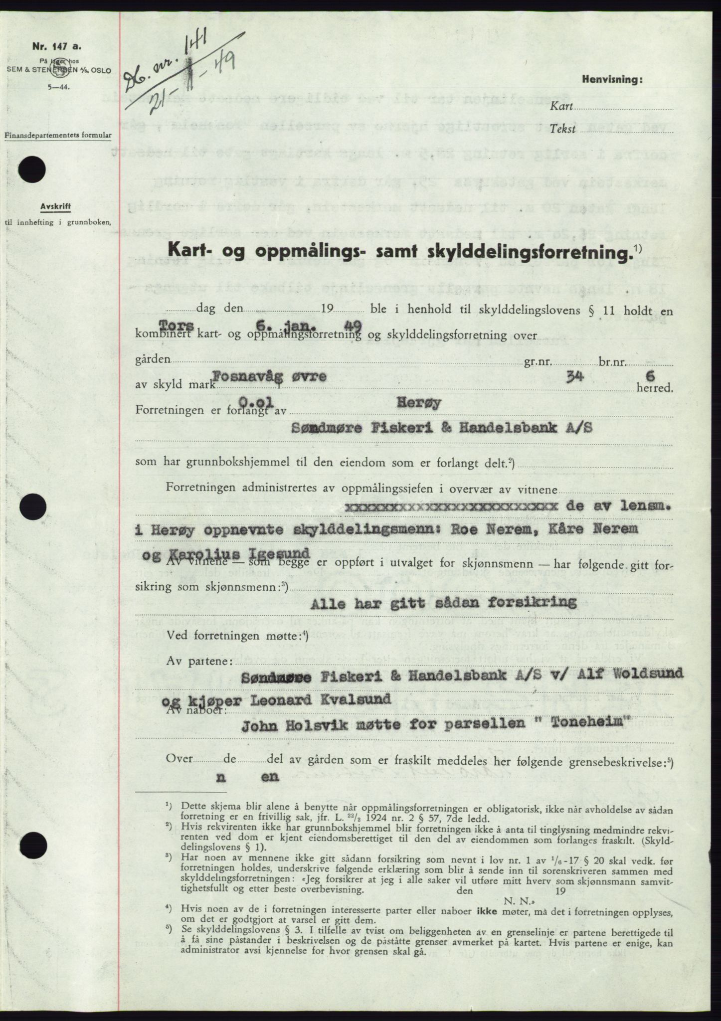 Søre Sunnmøre sorenskriveri, AV/SAT-A-4122/1/2/2C/L0083: Mortgage book no. 9A, 1948-1949, Diary no: : 141/1949