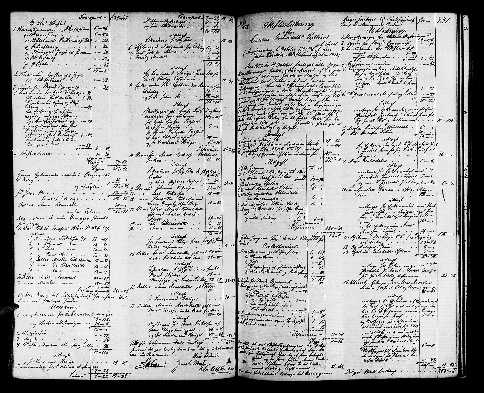 Midhordland sorenskriveri, AV/SAB-A-3001/1/H/Hd/L0004: Skifteutlodningsprotokoll, 1863-1878, p. 430b-431a