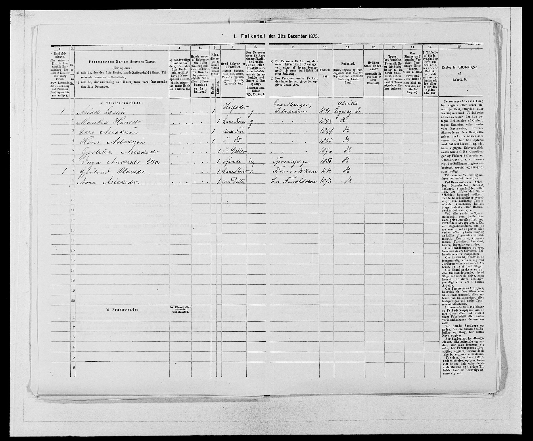 SAB, 1875 census for 1233P Ulvik, 1875, p. 308