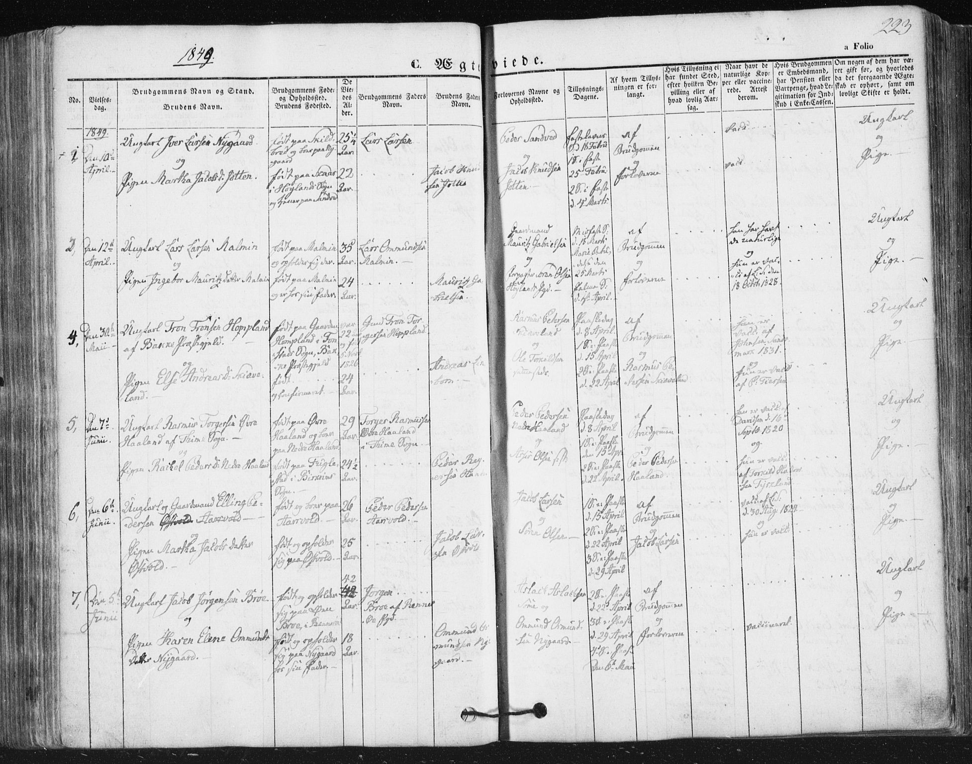 Høyland sokneprestkontor, SAST/A-101799/001/30BA/L0008: Parish register (official) no. A 8, 1841-1856, p. 223