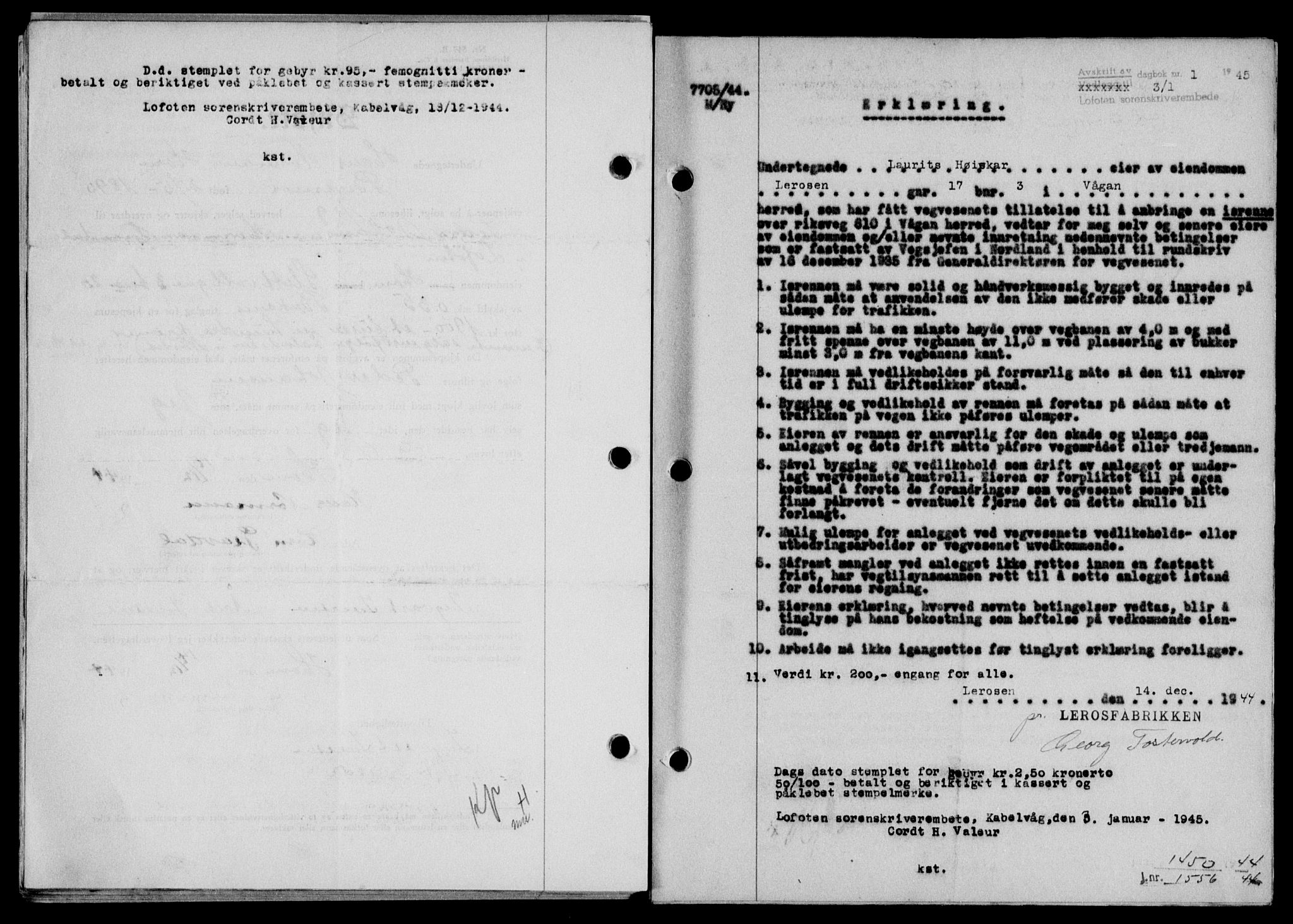 Lofoten sorenskriveri, SAT/A-0017/1/2/2C/L0013a: Mortgage book no. 13a, 1944-1946, Diary no: : 1/1945