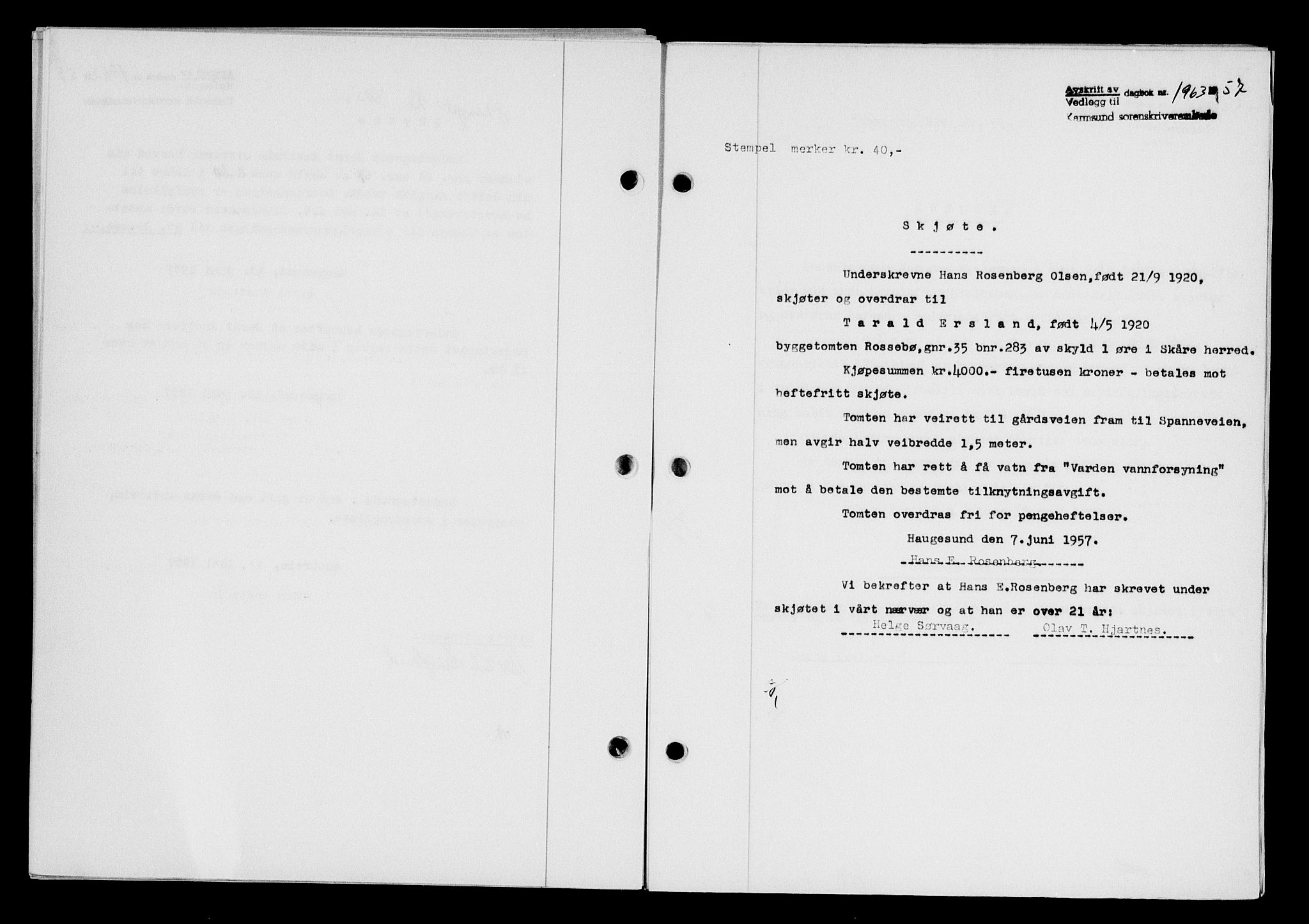 Karmsund sorenskriveri, AV/SAST-A-100311/01/II/IIB/L0125: Mortgage book no. 105A, 1957-1957, Diary no: : 1963/1957