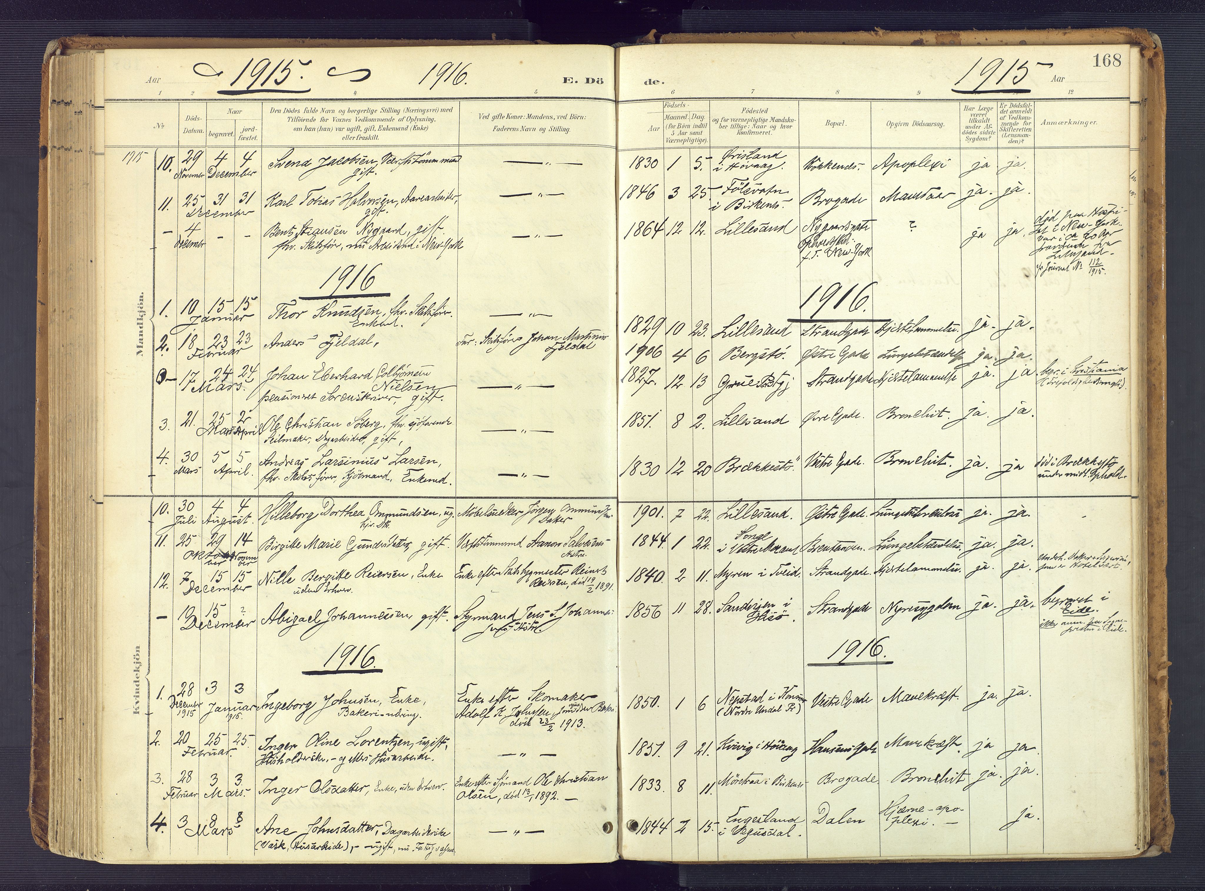 Vestre Moland sokneprestkontor, AV/SAK-1111-0046/F/Fa/Faa/L0002: Parish register (official) no. A 2, 1900-1926, p. 168