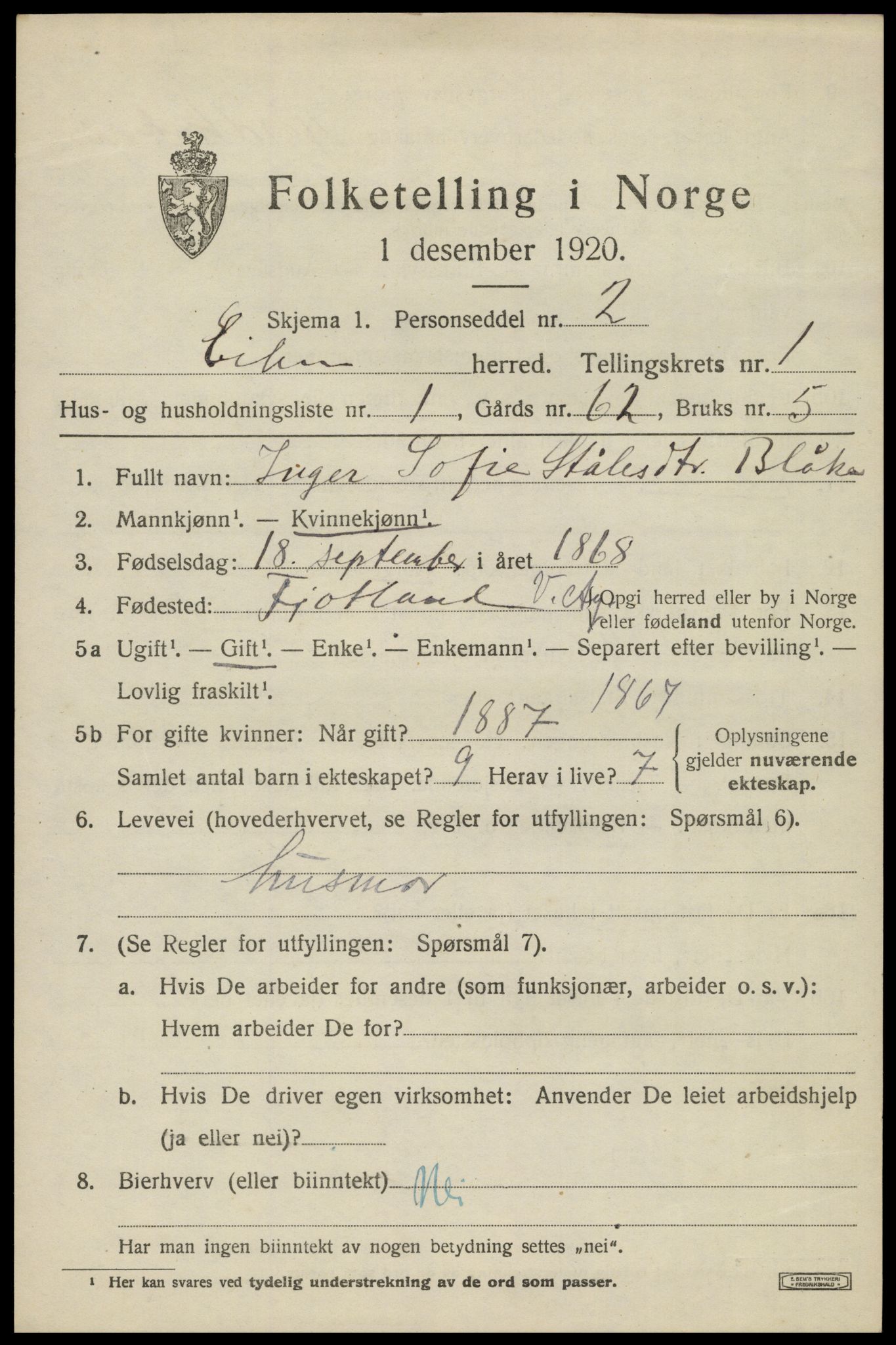 SAK, 1920 census for Eiken, 1920, p. 435