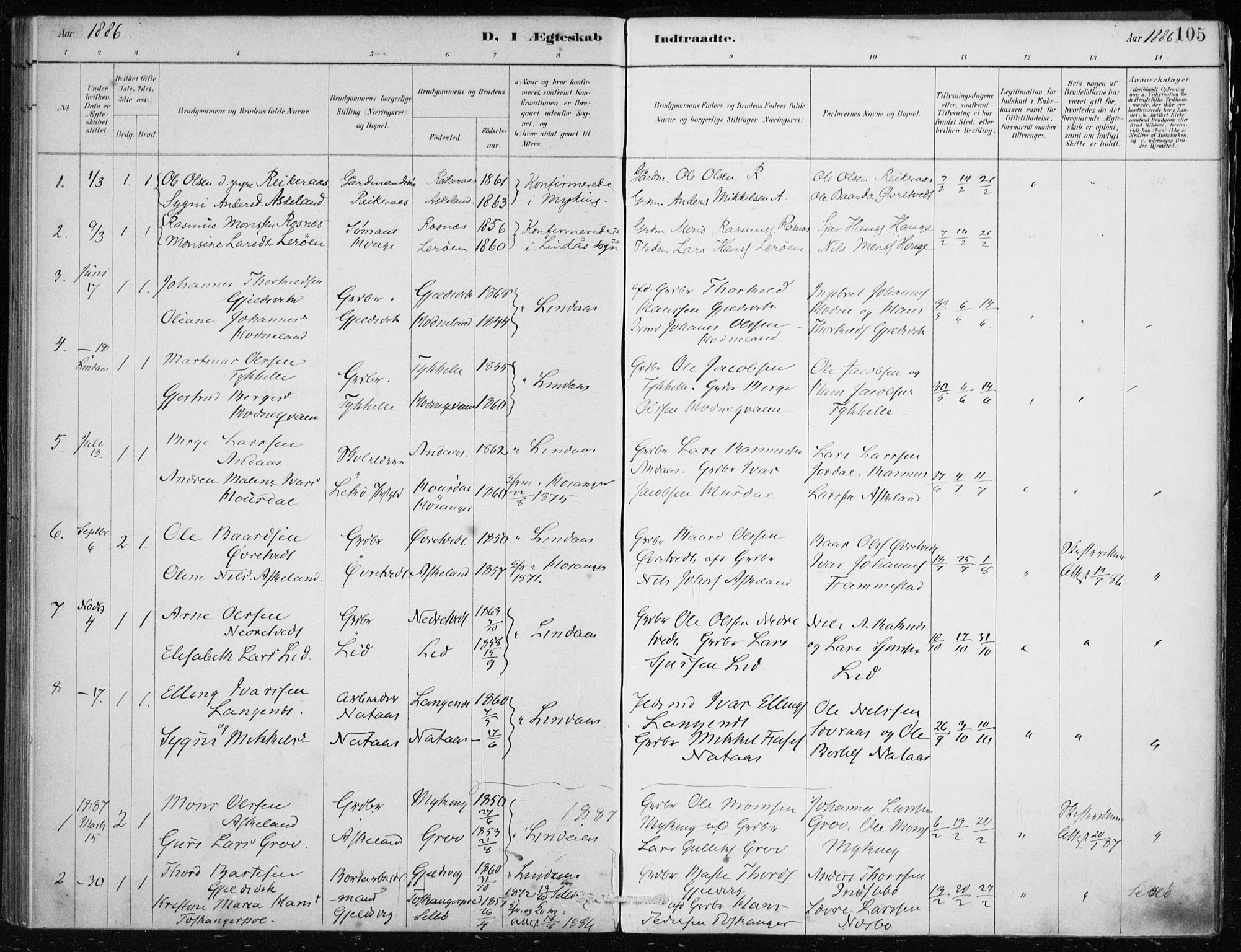 Lindås Sokneprestembete, SAB/A-76701/H/Haa: Parish register (official) no. F  1, 1886-1897, p. 105