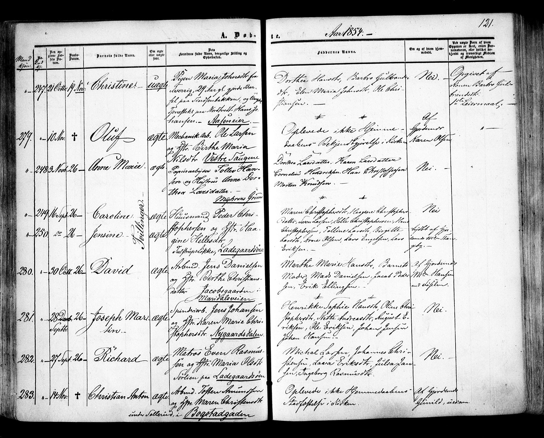 Aker prestekontor kirkebøker, AV/SAO-A-10861/F/L0020: Parish register (official) no. 20, 1853-1857, p. 121
