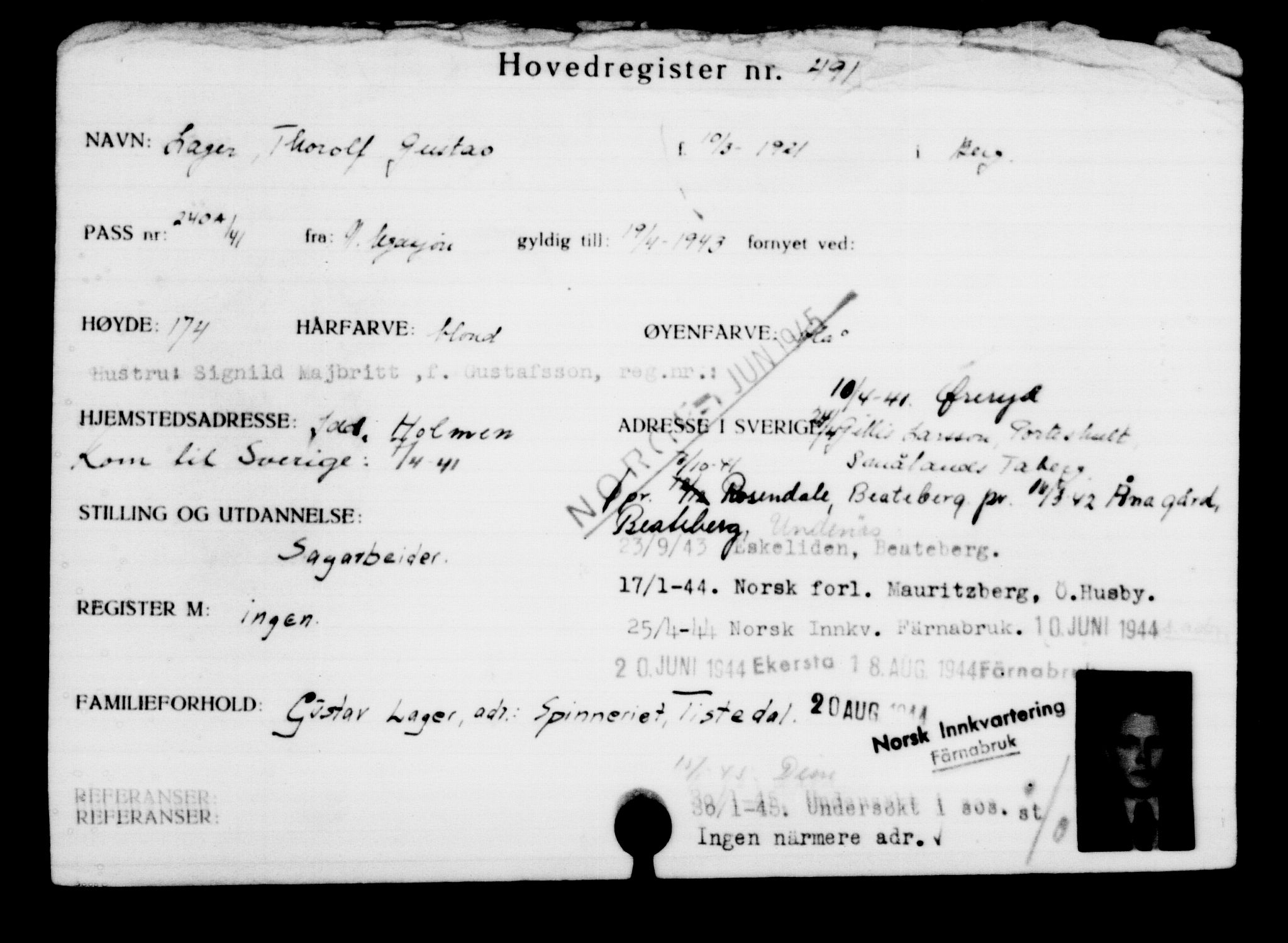 Utenriksstasjonene, Legasjonen i Stockholm, Flyktningkontoret, AV/RA-S-6753/V/Va/L0001: Kjesäterkartoteket, flyktninger med registreringsnr. 1-1000, 1940-1945, p. 757