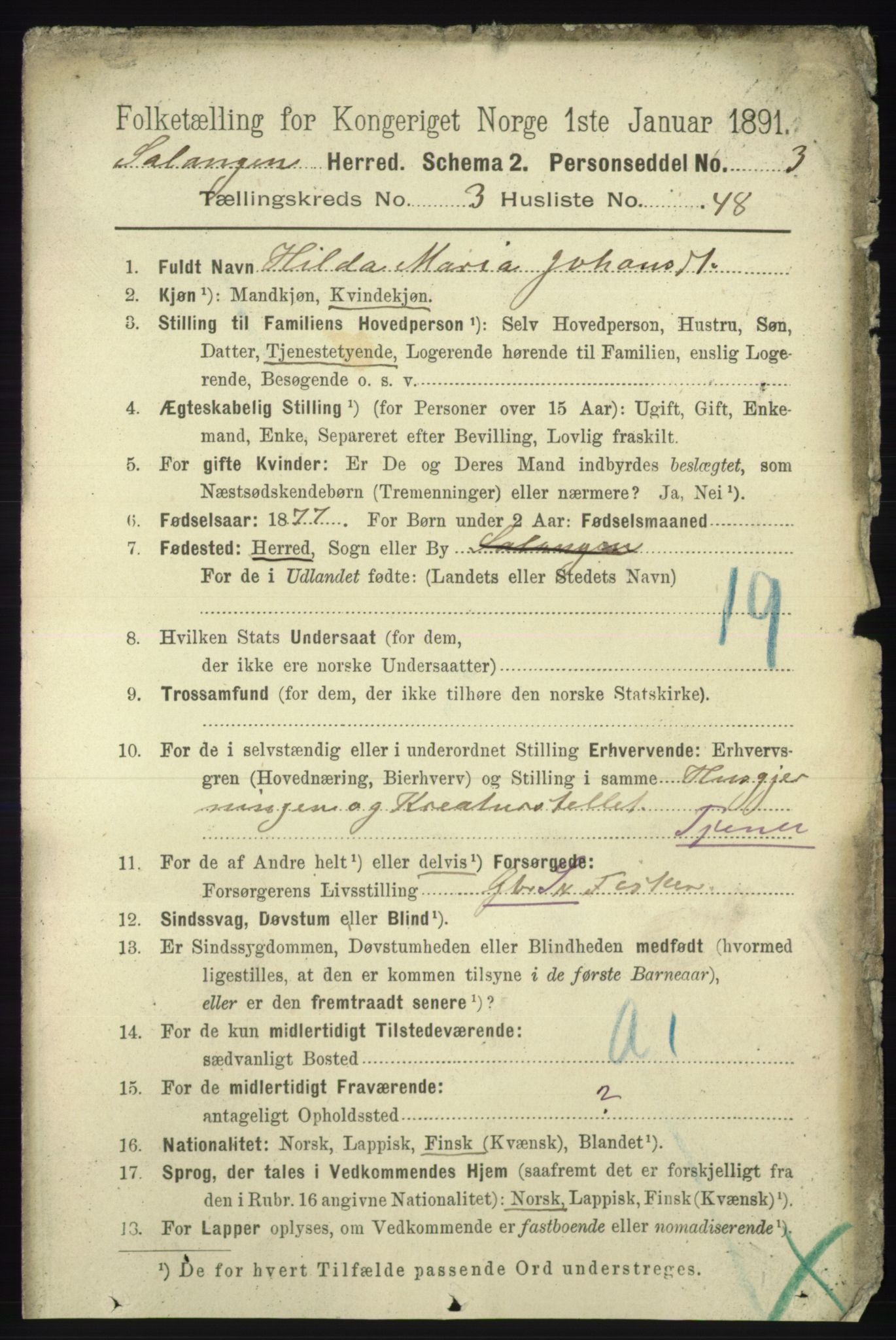 RA, 1891 census for 1921 Salangen, 1891, p. 1494