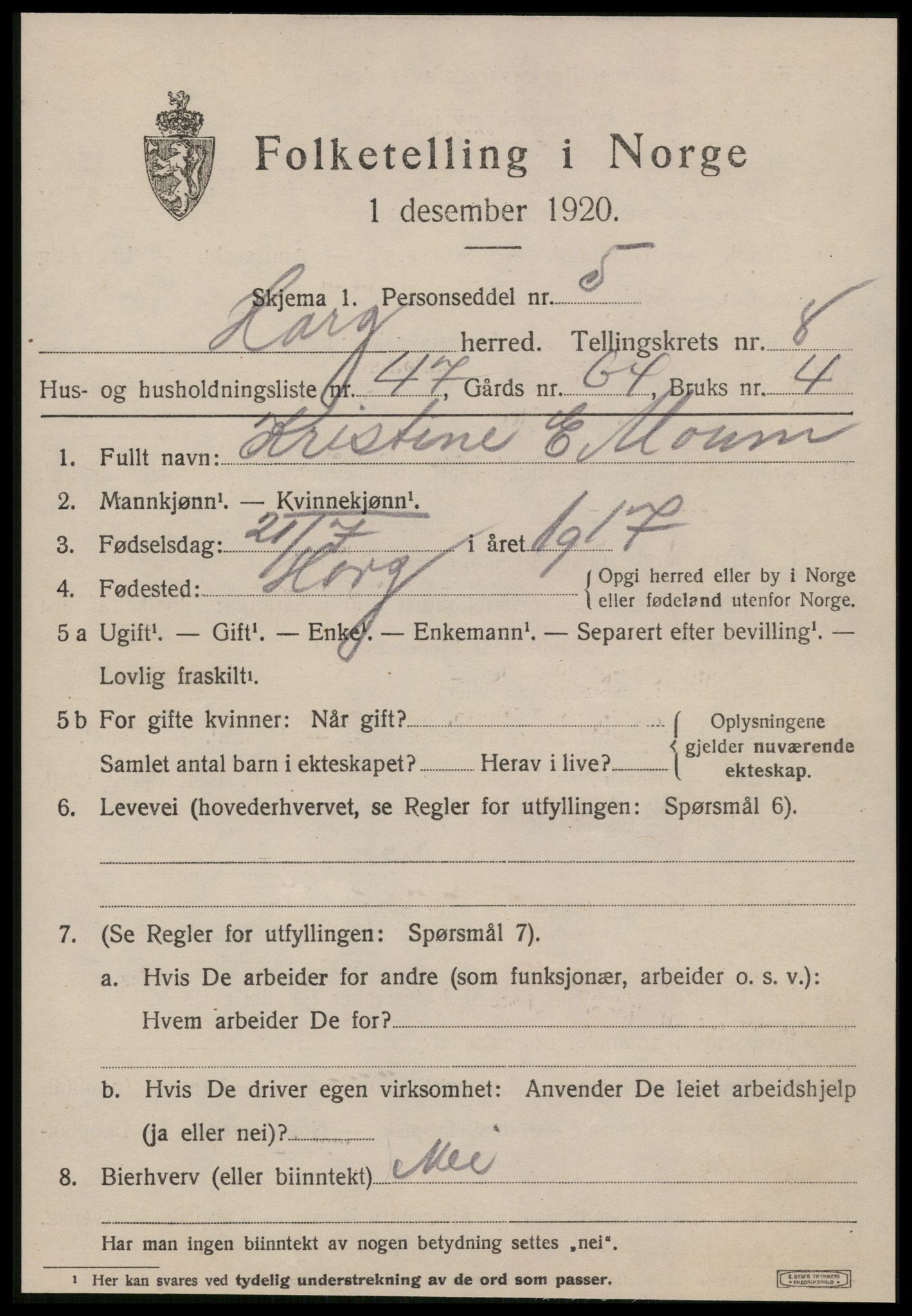 SAT, 1920 census for Horg, 1920, p. 5346