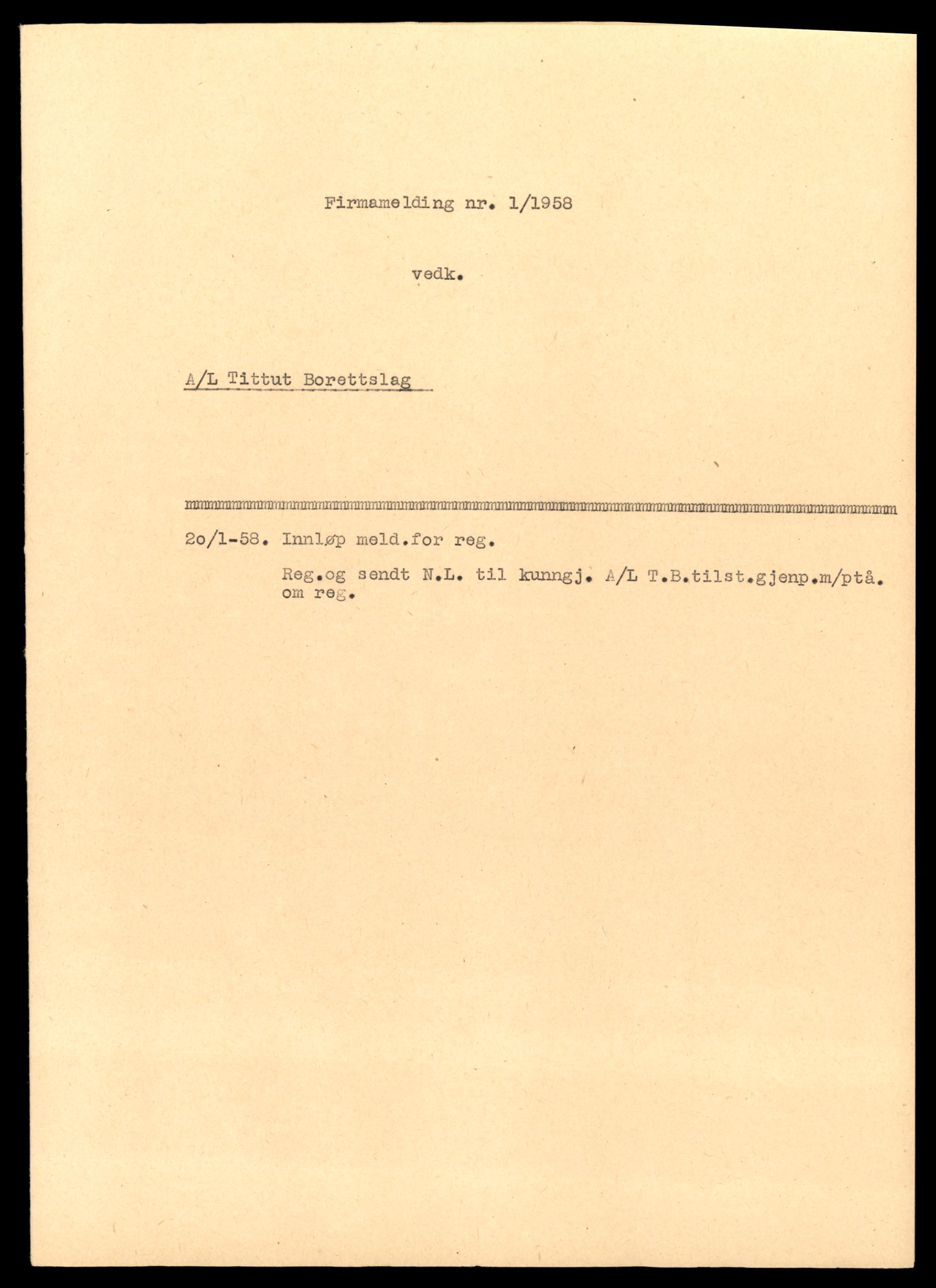 Heggen og Frøland tingrett, AV/SAT-A-10208/K/Kb/Kba/L0003: Enkeltmannsforetak, aksjeselskap og andelslag, 1958-1961, 1958-1961, p. 1