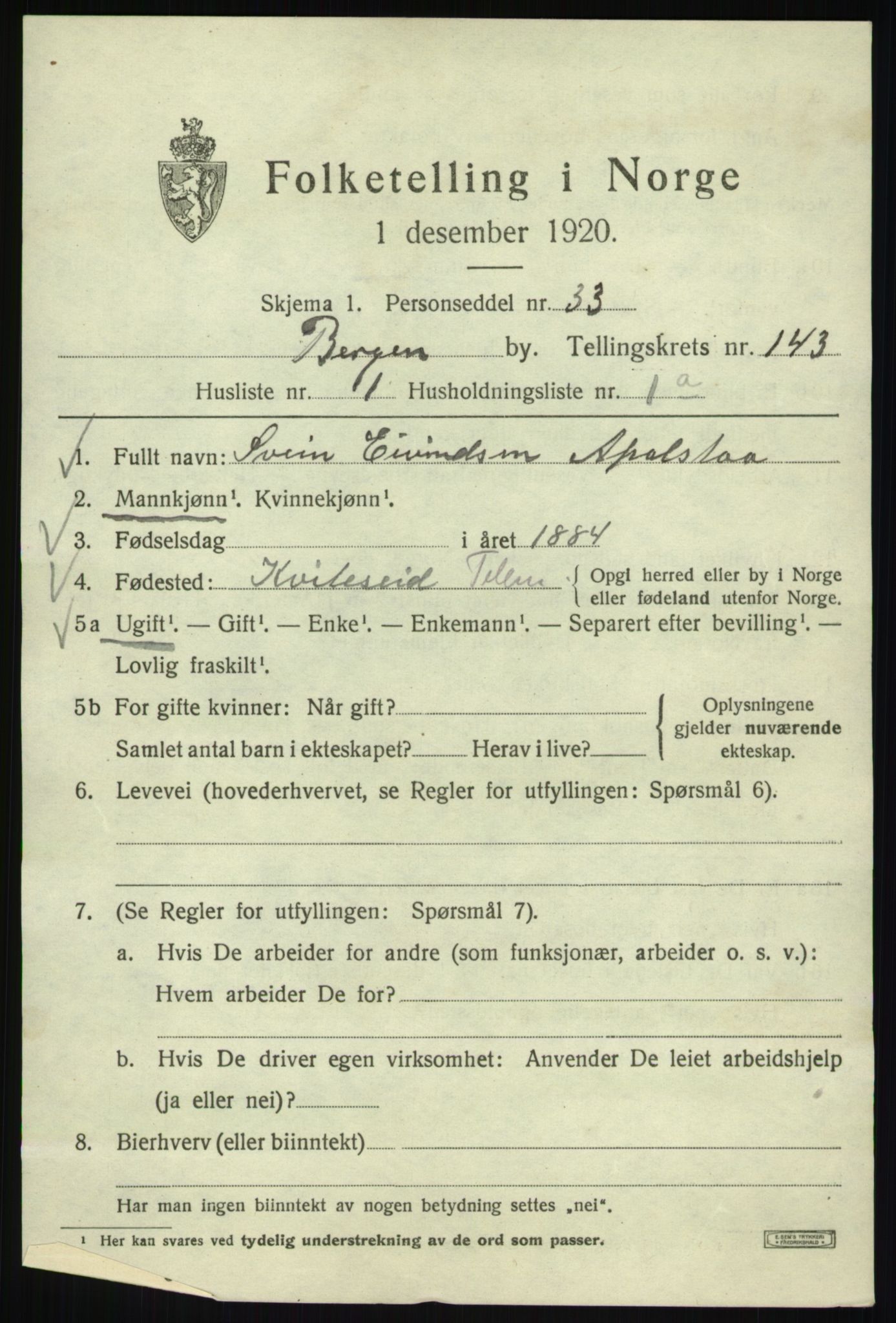 SAB, 1920 census for Bergen, 1920, p. 237920