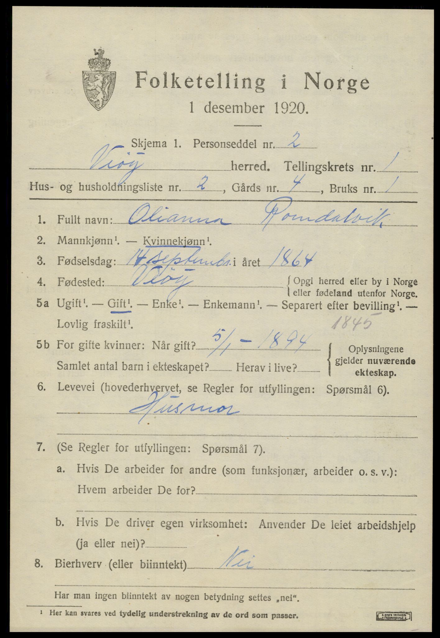 SAT, 1920 census for Veøy, 1920, p. 921