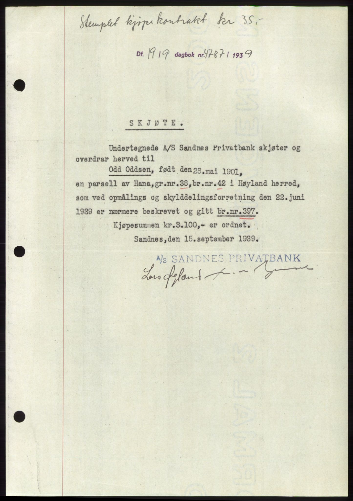 Jæren sorenskriveri, AV/SAST-A-100310/03/G/Gba/L0075: Mortgage book, 1939-1939, Diary no: : 4787/1939